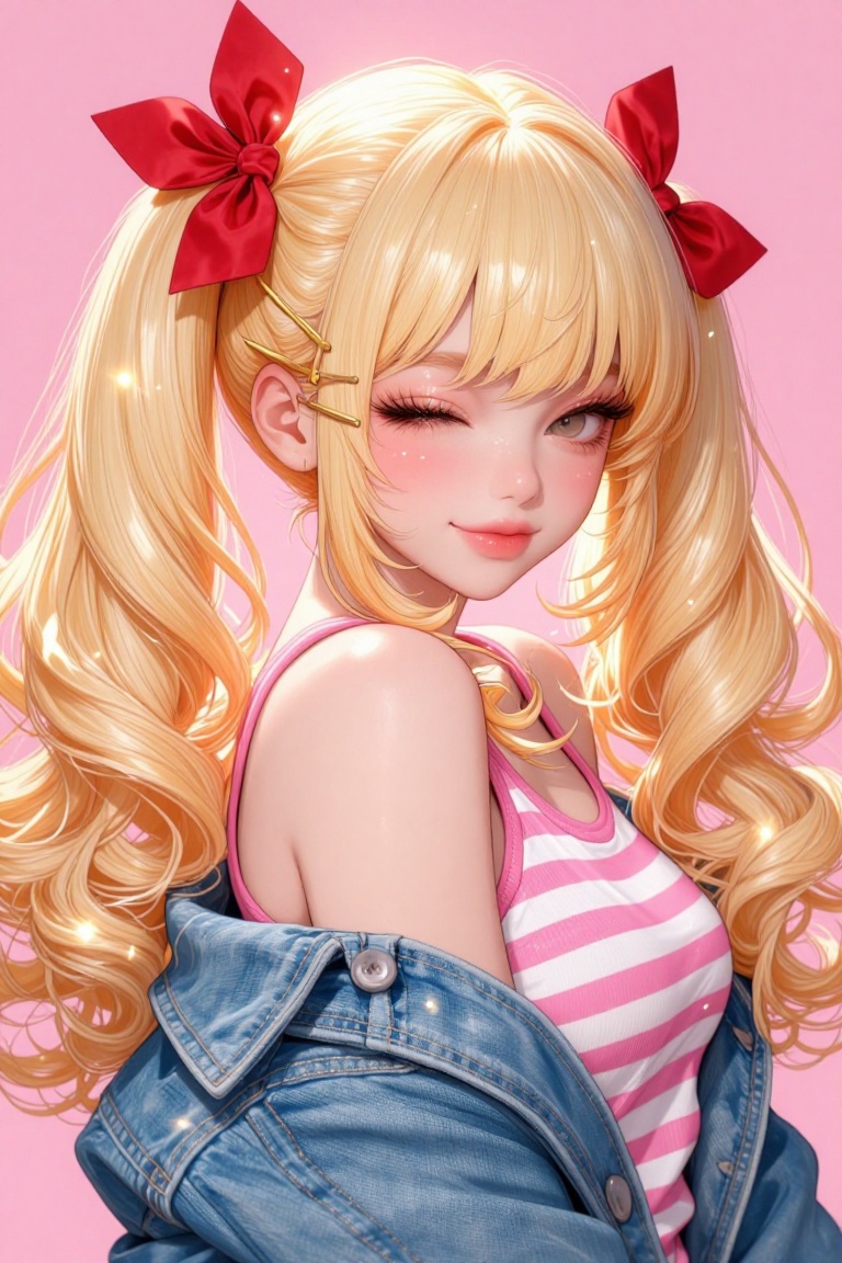 [ beautiful anime of] The image shows a person with long,  wavy blonde hair styled in two pigtails,  each secured with a l...