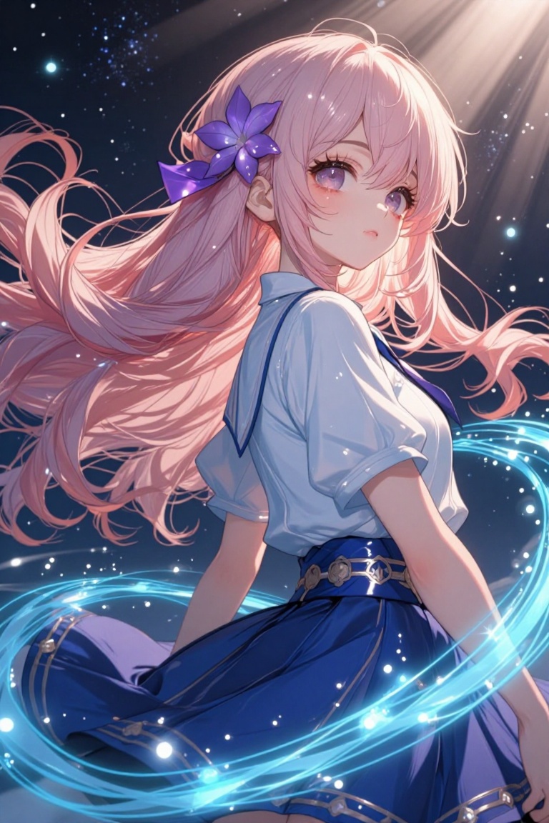[ beautiful anime of] The image depicts a young woman with long,  flowing hair adorned with a purple flower. She is wearin...