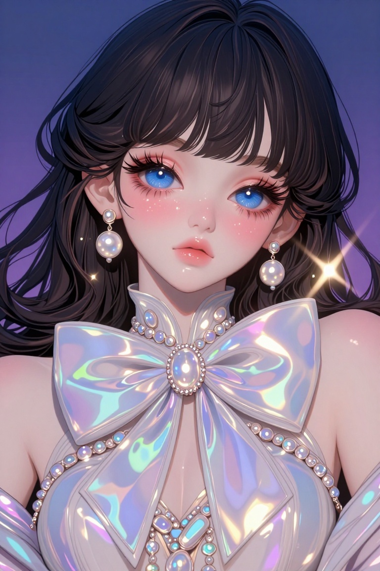 [ beautiful anime of] The image depicts a highly detailed and stylized digital artwork of a young woman. She has long,  da...