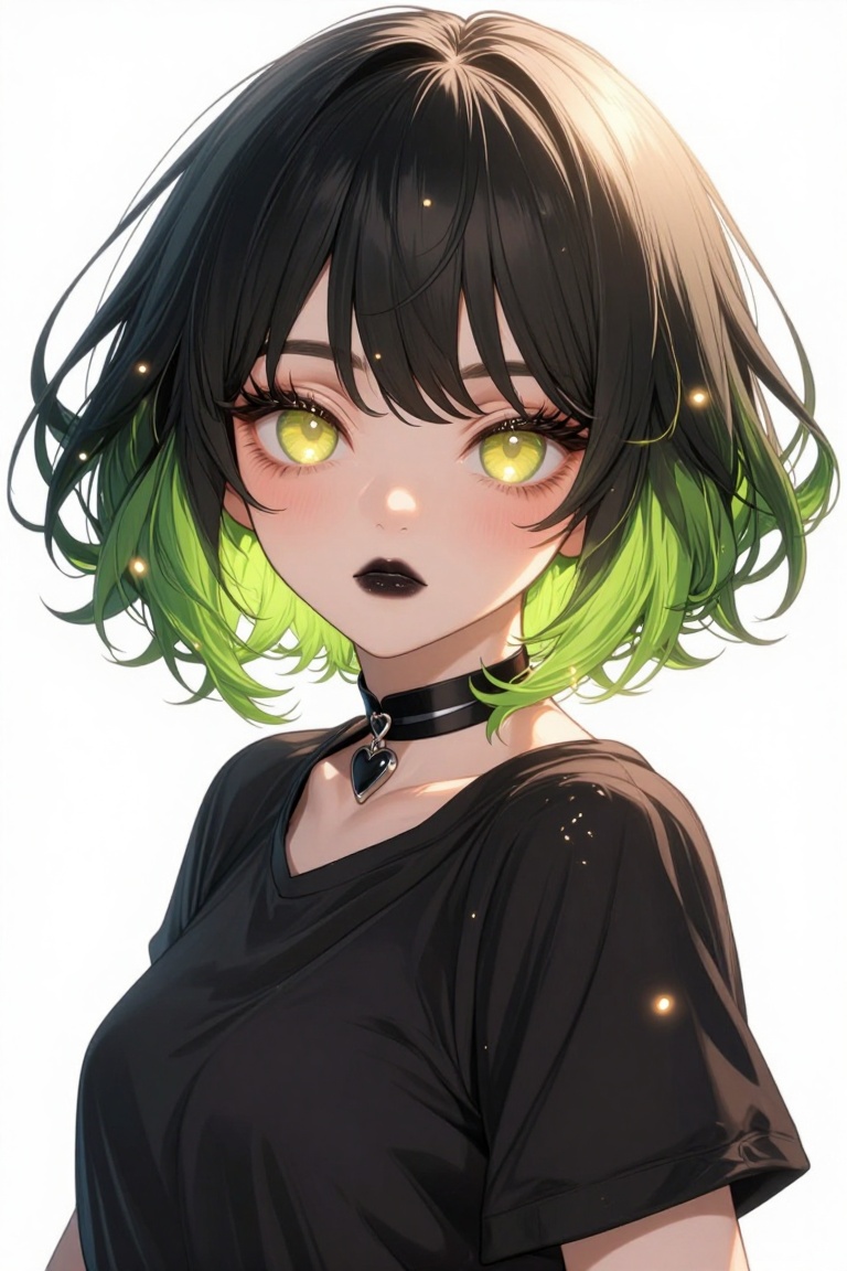 [ beautiful anime of] The image depicts a stylized anime-style character with short black hair that transitions into brigh...