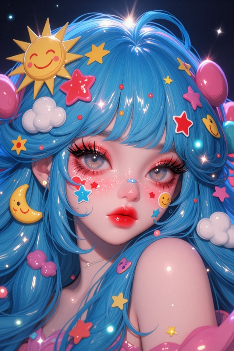 [ beautiful anime of] The image depicts a vibrant and whimsical character with a striking blue hairstyle adorned with vari...