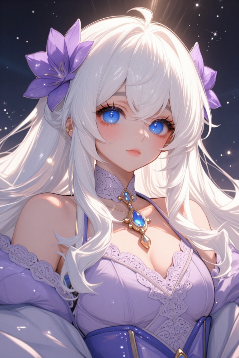 [ beautiful anime of] The image depicts a beautifully illustrated character with long,  flowing white hair adorned with la...