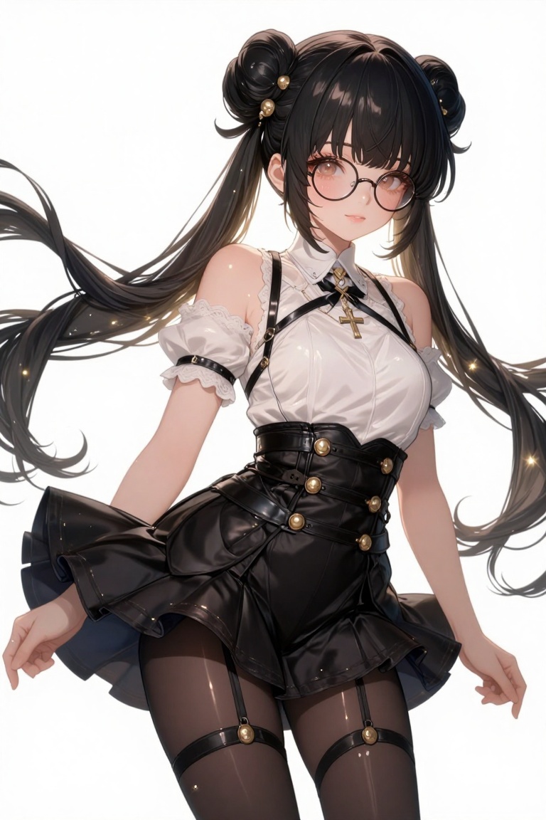 [ beautiful anime of] The image depicts a stylized anime-style character with long black hair styled into two buns,  each...