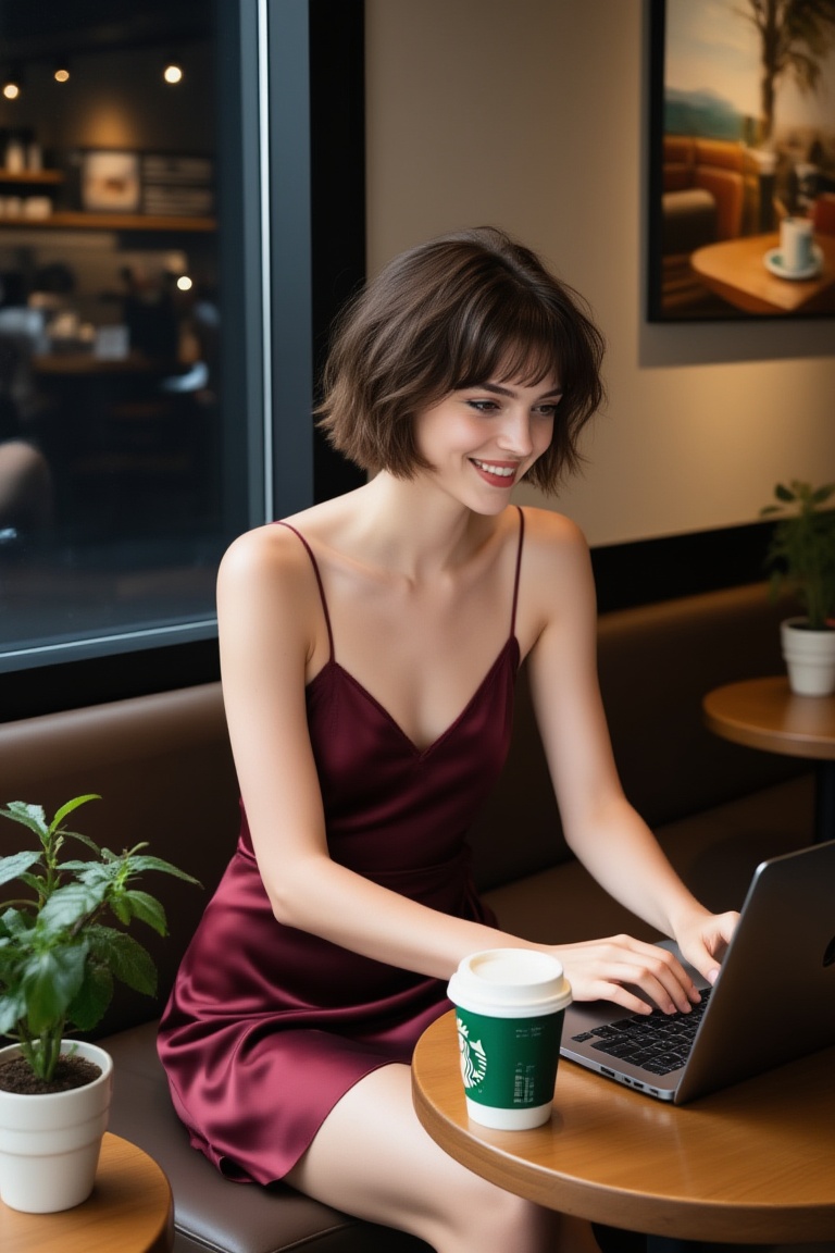 A candid lifestyle photo of a young woman sitting at her favorite café,  a coffee cup placed beside her on the table,  cas...