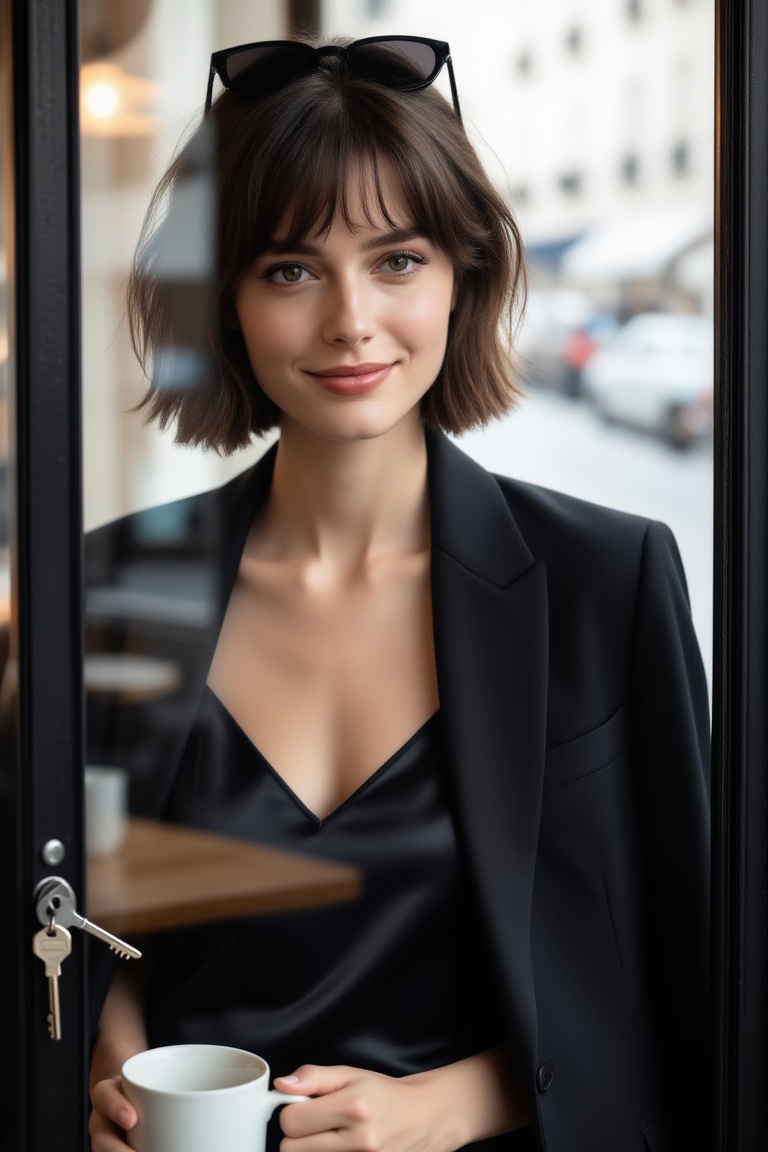 quiet street café window,  chic 20yo woman,  short tousled bob on Tensor.Art