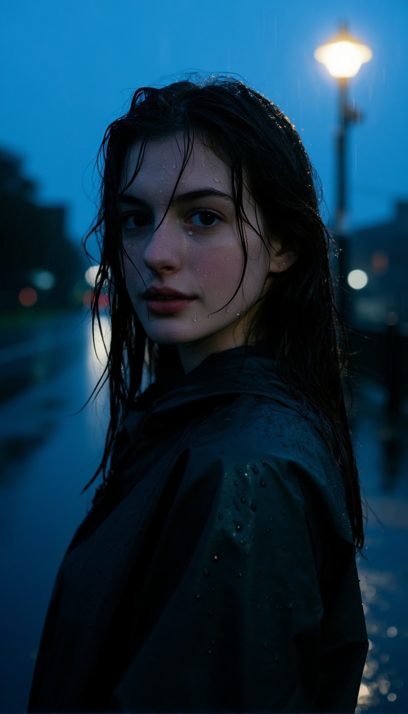 Atmospheric urban portrait after rain,  young woman in city street environment,  strictly no makeup bare natural face on T...