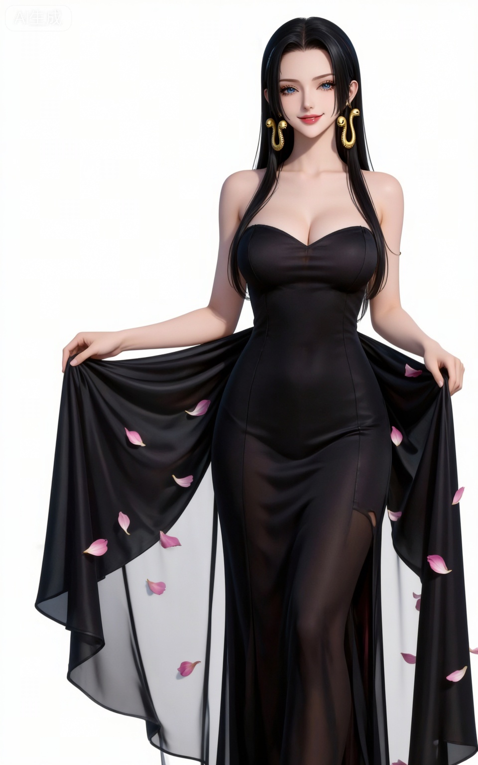 4K,CG,high quality,photorealistic,nvdi,
blue eyes, black hair, long hair, forehead, eyelashes, straight hair, gold snake earrings, 
1girl,solo,dress,breasts,black dress,skirt hold,petals,white background,jewelry,smile,large breasts,see-through,long dress,earrings,simple background,full body,one eye closed,73,

