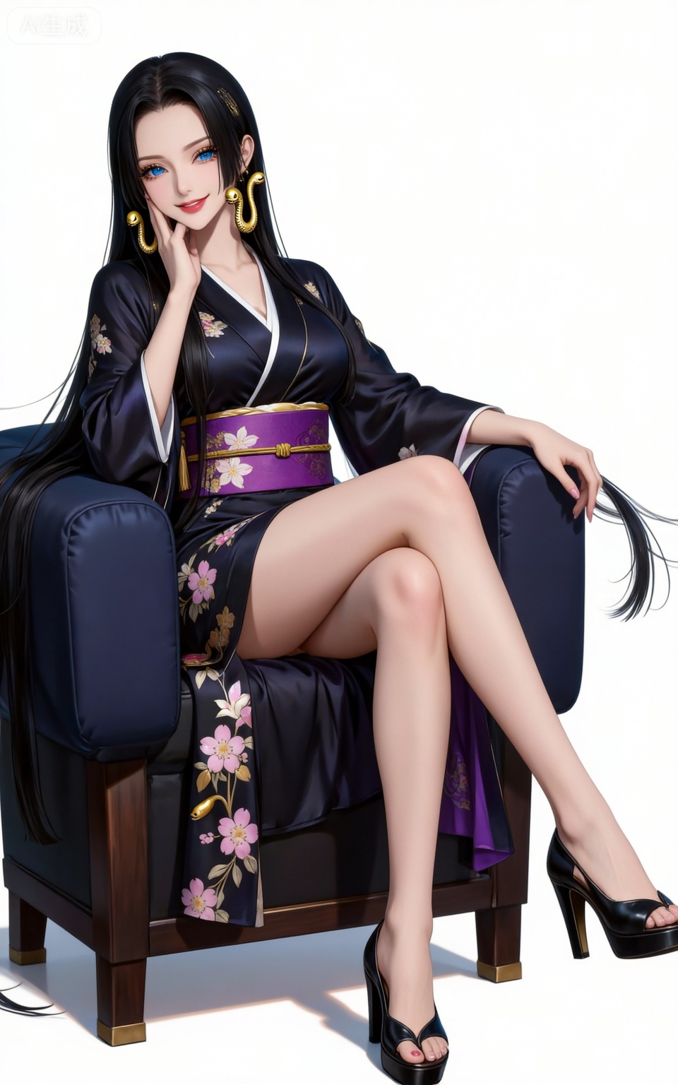 4K,CG,high quality,photorealistic,nvdi,
blue eyes, black hair, long hair, forehead, eyelashes, straight hair, gold snake earrings, 
1girl,solo,high heels,sitting,kimono,japanese clothes,crossed legs,sash,purple sash,full body,smile,looking at viewer,hand on own face,floral print,obi,stool,head rest,simple background,legs,cover,jewelry,floating hair,
