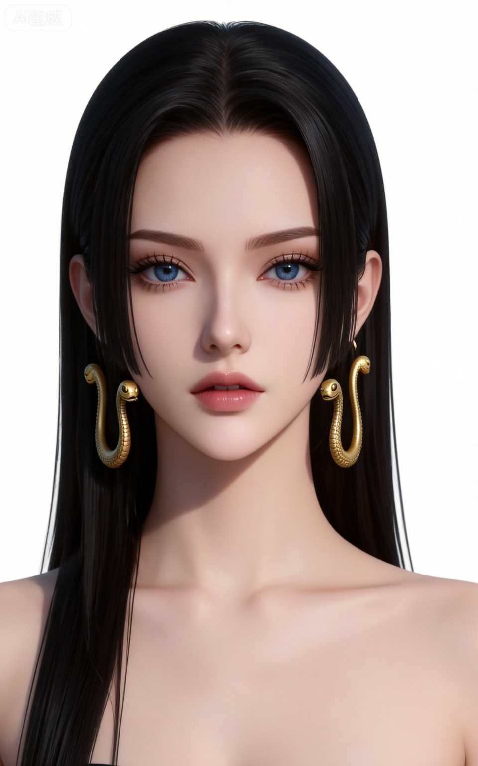 4K,CG,high quality,photorealistic,nvdi,
blue eyes, black hair, long hair, forehead, eyelashes, straight hair, gold snake earrings, 1girl, solo, looking at viewer, white background, simple background, portrait, collarbone, lips, bare shoulders, parted lips