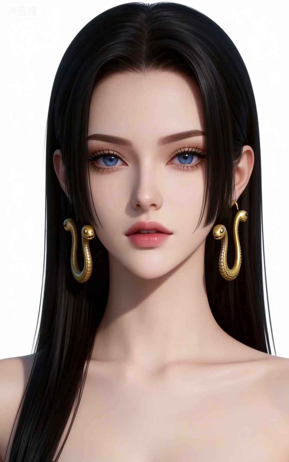 4K,CG,high quality,photorealistic,nvdi,
blue eyes, black hair, long hair, forehead, eyelashes, straight hair, gold snake earrings, 1girl, solo, looking at viewer, white background, simple background, portrait, collarbone, lips, bare shoulders, parted lips