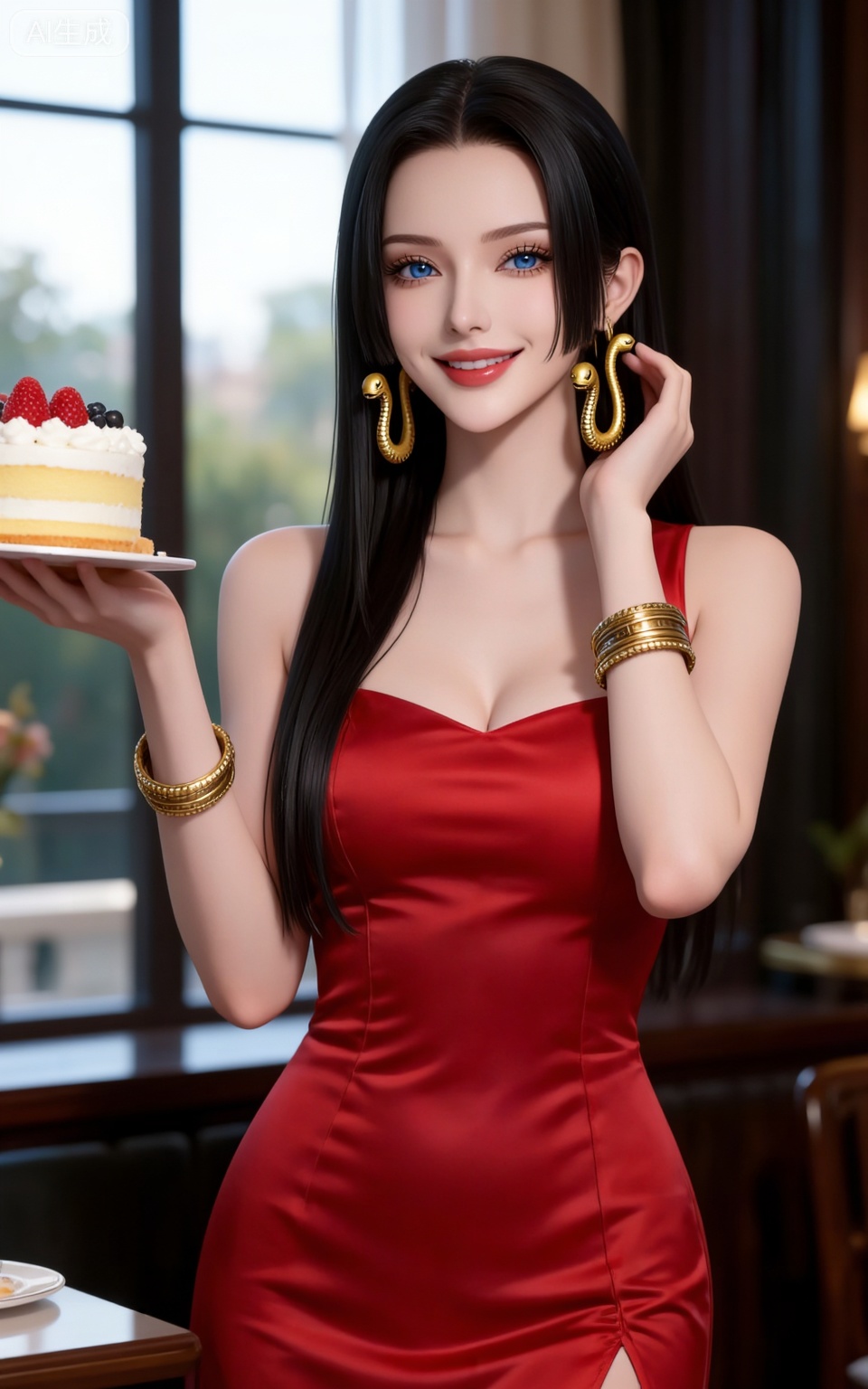 4K,CG,high quality,photorealistic,nvdi,
blue eyes, black hair, long hair, forehead, eyelashes, straight hair, gold snake earrings, 
1girl,breasts,dress,solo,bracelet,jewelry,food,large breasts,red dress,smile,open mouth,cake,holding,sleeveless,bangle,looking at viewer,fruit,single sidelock,bare shoulders,sleeveless dress,short dress,1,
