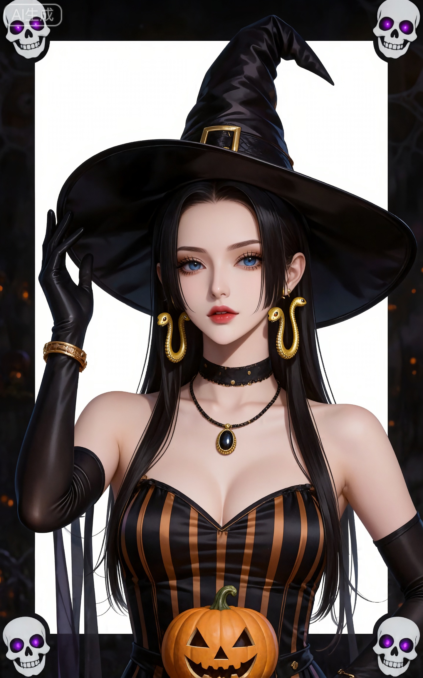 4K,CG,high quality,photorealistic,nvdi,
blue eyes, black hair, long hair, forehead, eyelashes, straight hair, gold snake earrings, 
1girl,witch hat,gloves,jewelry,hat,breasts,solo,jack-o'-lantern,dress,halloween,earrings,ghost,black gloves,necklace,looking at viewer,black dress,pumpkin,smile,black headwear,sleeveless,elbow gloves,happy halloween,sleeveless dress,striped dress,bracelet,purple eyes,border,skull,upper body,halloween costume,witch,striped clothes,hand on headwear,large breasts,closed mouth,bare shoulders,
