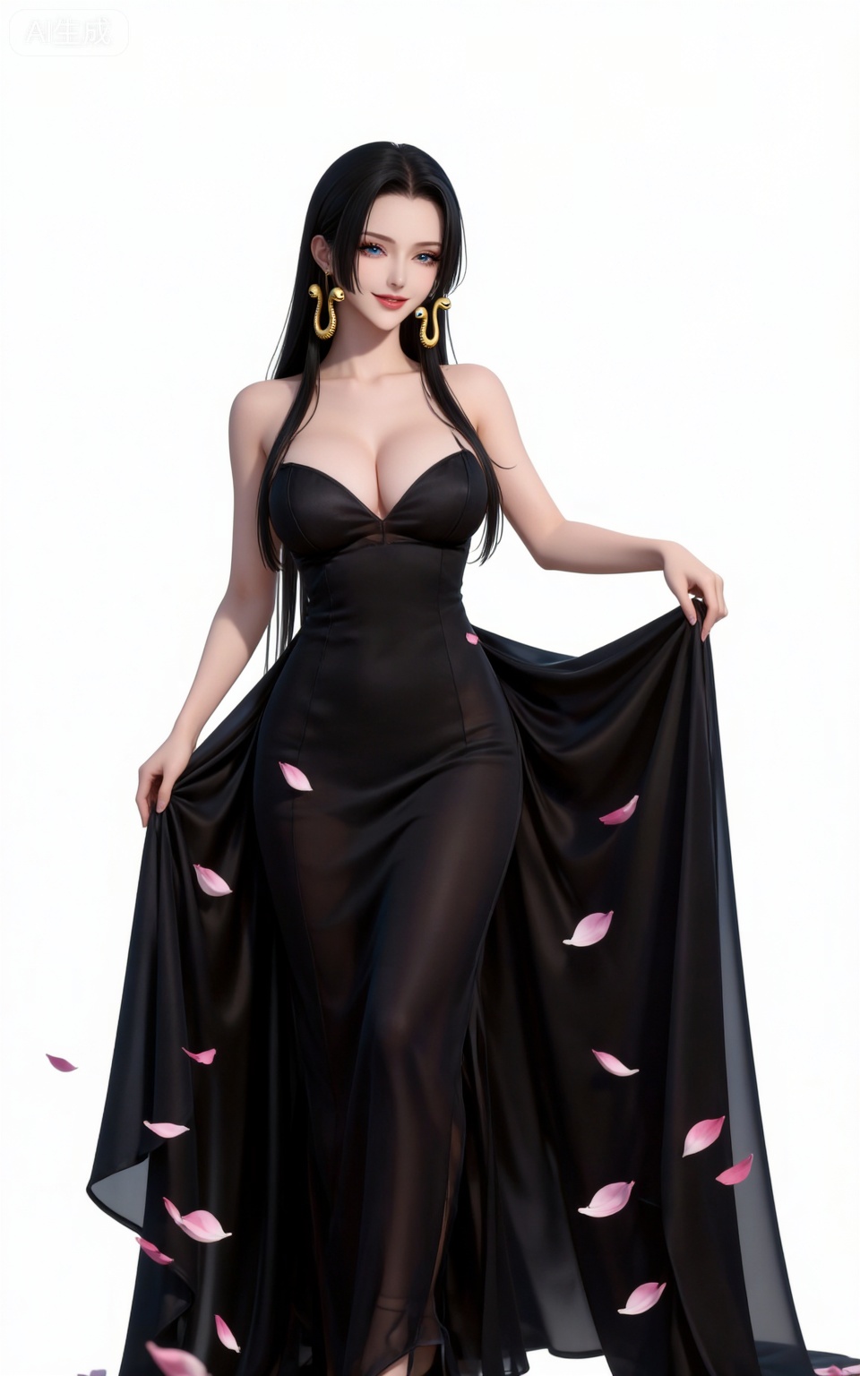 4K,CG,high quality,photorealistic,nvdi,
blue eyes, black hair, long hair, forehead, eyelashes, straight hair, gold snake earrings, 
1girl,solo,dress,breasts,black dress,skirt hold,petals,white background,jewelry,smile,large breasts,see-through,long dress,earrings,simple background,full body,one eye closed,73,
