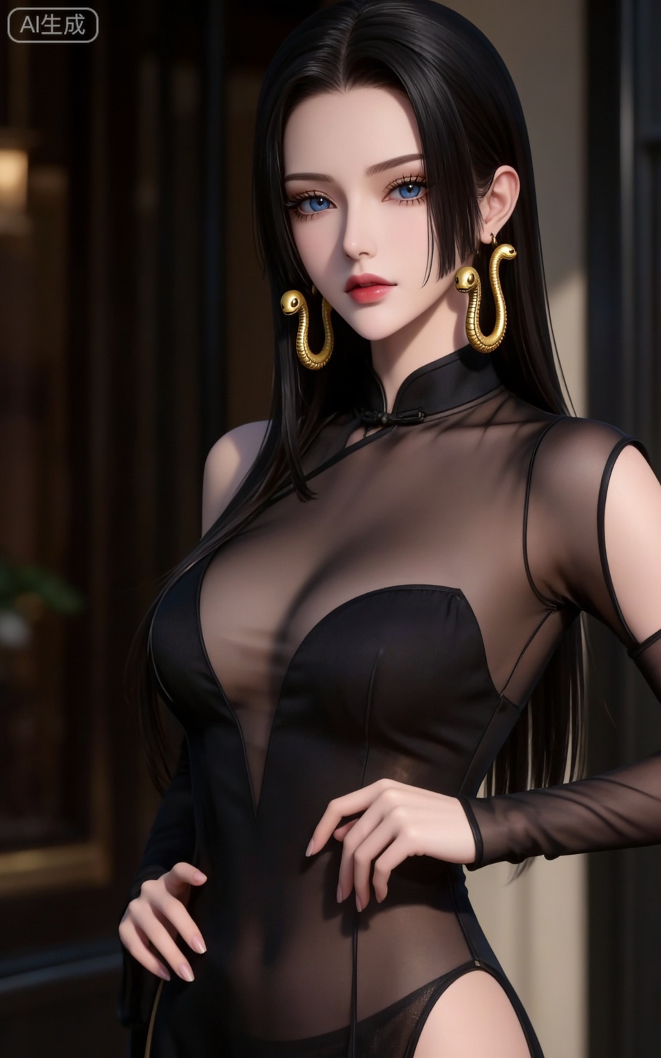 4K,CG,high quality,photorealistic,lvjing,baoshi,
blue eyes, black hair, long hair, forehead, eyelashes, straight hair, gold snake earrings, 
1girl,solo,jewelry,earrings,see-through,dress,upper body,black dress,hand on own hip,breasts,see-through sleeves, 
