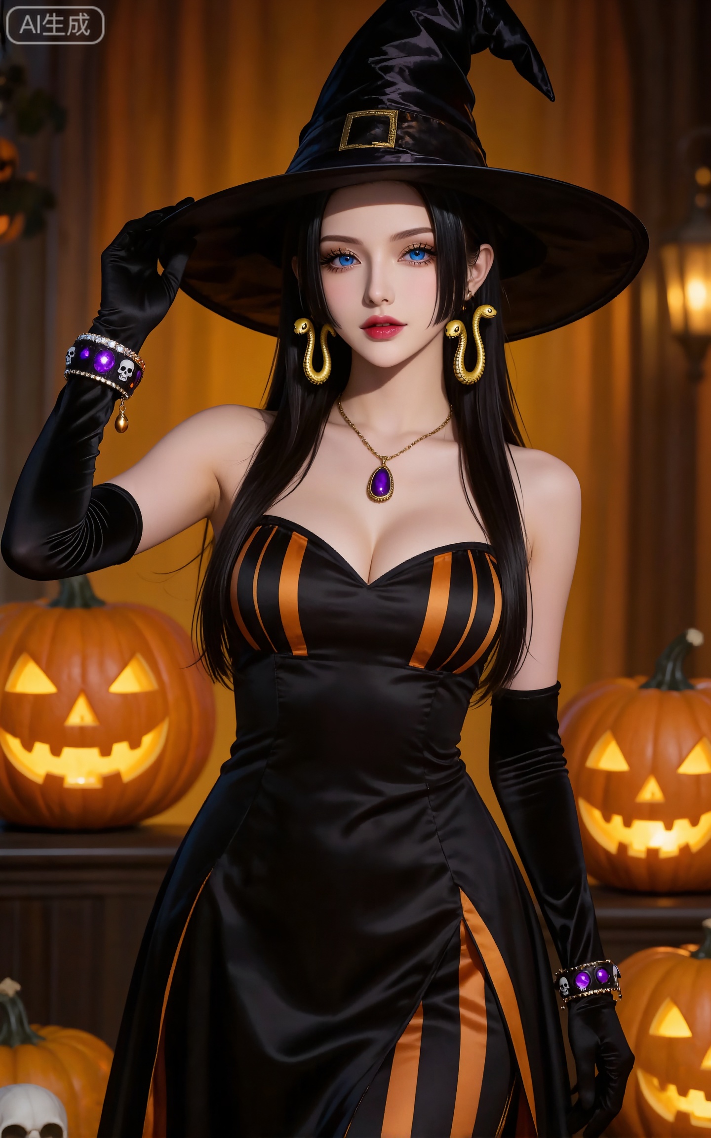 4K,CG,high quality,photorealistic,nvdi,
blue eyes, black hair, long hair, forehead, eyelashes, straight hair, gold snake earrings, 
1girl,witch hat,gloves,jewelry,hat,breasts,solo,jack-o'-lantern,dress,halloween,earrings,ghost,black gloves,necklace,looking at viewer,black dress,pumpkin,smile,black headwear,sleeveless,elbow gloves,happy halloween,sleeveless dress,striped dress,bracelet,purple eyes,border,skull,upper body,halloween costume,witch,striped clothes,hand on headwear,large breasts,closed mouth,bare shoulders,
