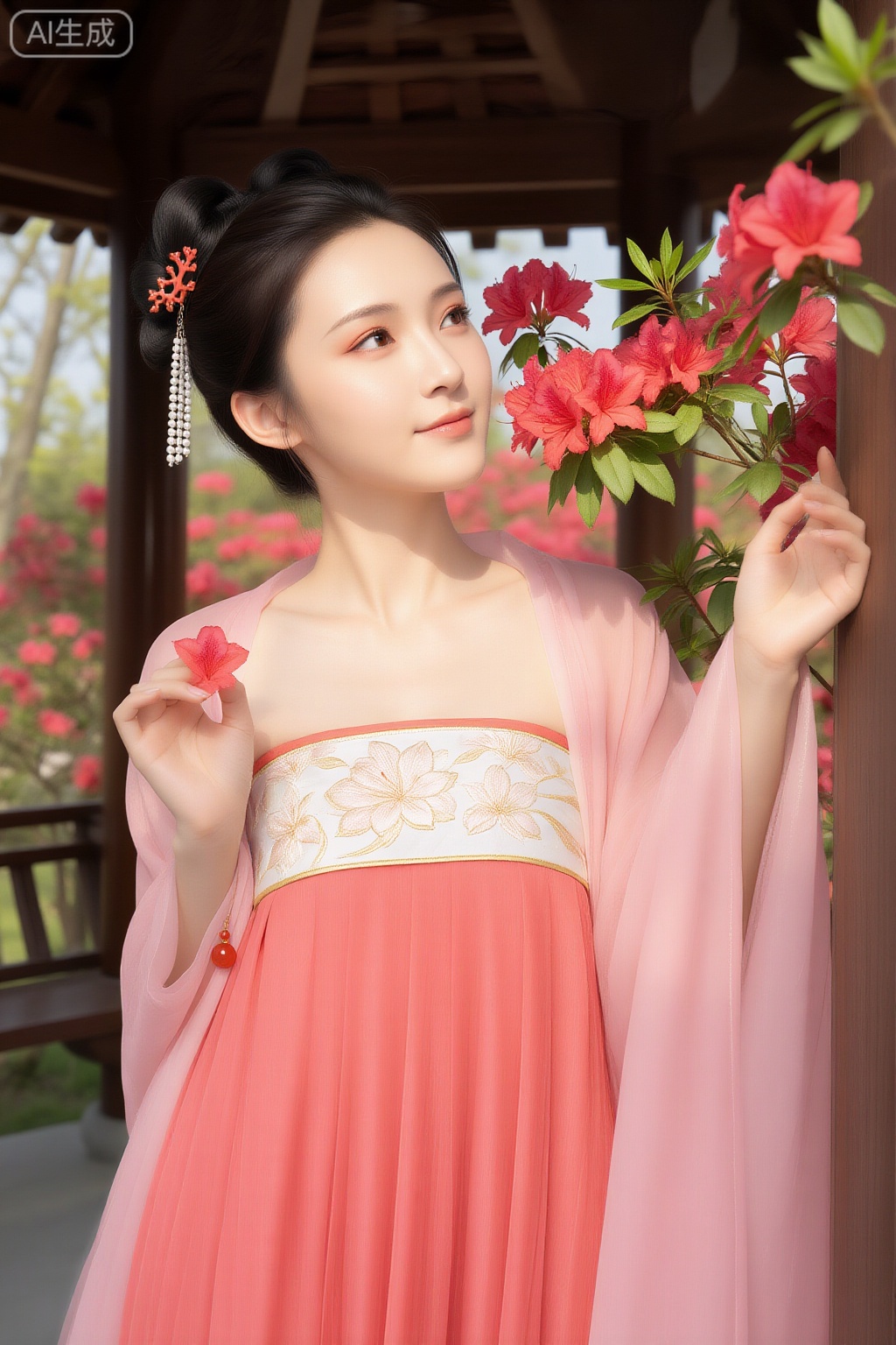 腰以上半身特写,亚洲纯中国风女生,淡妆：柳叶眉弯细如丝,眼妆为正常自然玫红眼影（明艳提气,无夸张闪片）,唇点自然浅桃蜜色,面敷薄粉显通透,皮肤光洁无纹饰。身着高饱和珊瑚色高腰半襦裙,色彩浓郁饱满,上襦为雪白色,绣奶脂色桃花纹并做鎏金勾边提亮,外层搭透澈浅粉色披帛,披帛绕肩垂至肘际,末端缀鲜亮珊瑚色玉石坠。发髻梳双丫髻,插戴珊瑚短簪与珍珠发链,发链珠光高亮。姿势：立在杜鹃园花架旁,左手轻扶花架木柱,右手指尖轻捻一朵杜鹃花瓣,抬眸浅笑,阳光轻洒肩颈,杜鹃花瓣艳红似火。场景：杜鹃园廊下木质花架旁,杜鹃花丛连片绽放,色彩浓烈。光影：晨雾柔光漫射,无明显光源方向,杜鹃花瓣泛着朦胧光泽,桃花纹泛朦胧珠光。古典娇俏,8K 细节。