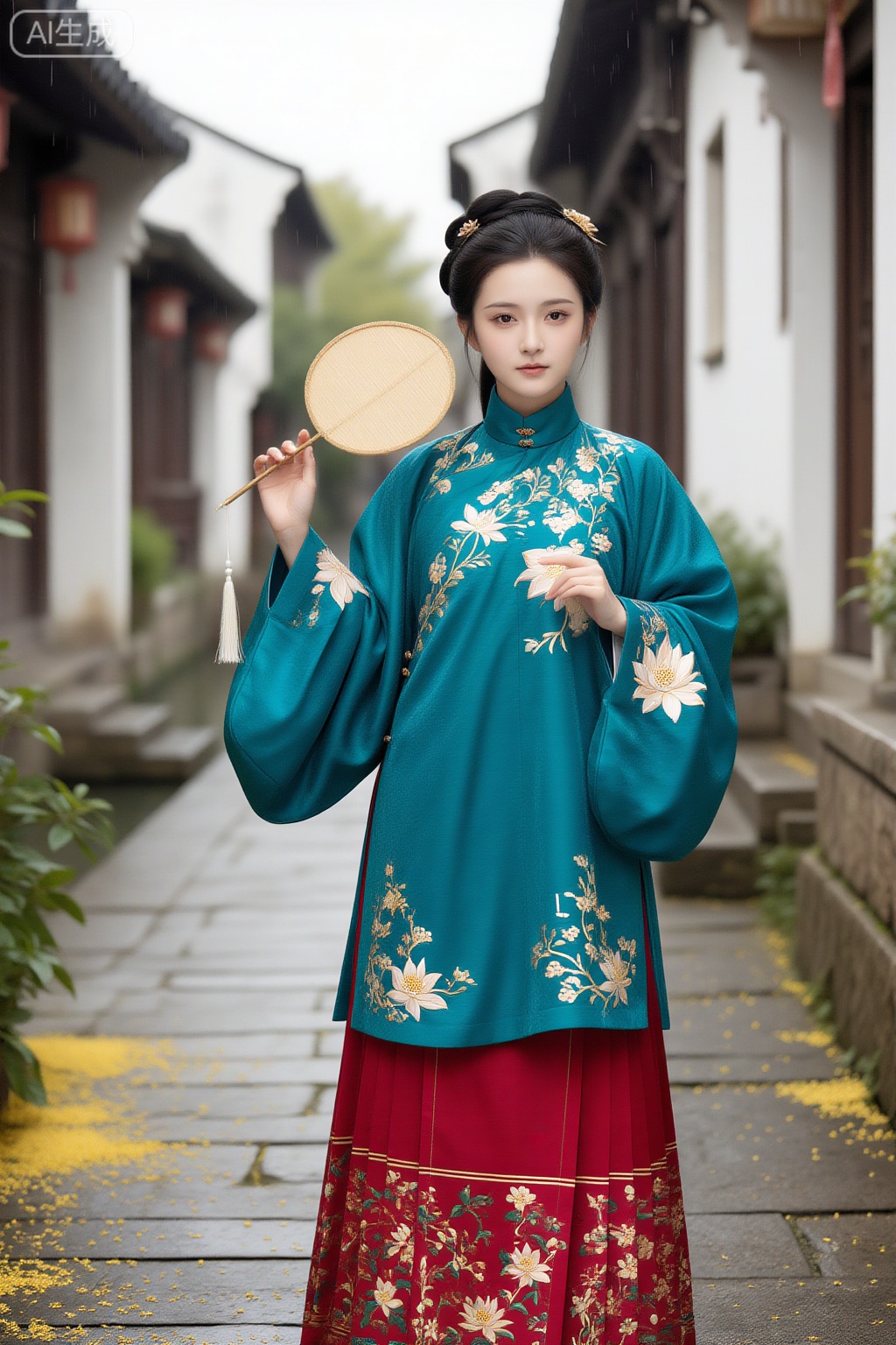 古风美女写真,人物特写,面容精致,看向镜头。她身着明制立领斜襟袄裙,石青色衣身绣缠枝莲纹,红色马面裙曳地,手持团扇举到胸前,立于江南水乡古巷,青石板路落满桂花,烟雨朦胧,柔光氛围,8K 超高清,细节拉满,高饱和度,高对比度,服装颜色鲜亮不艳俗