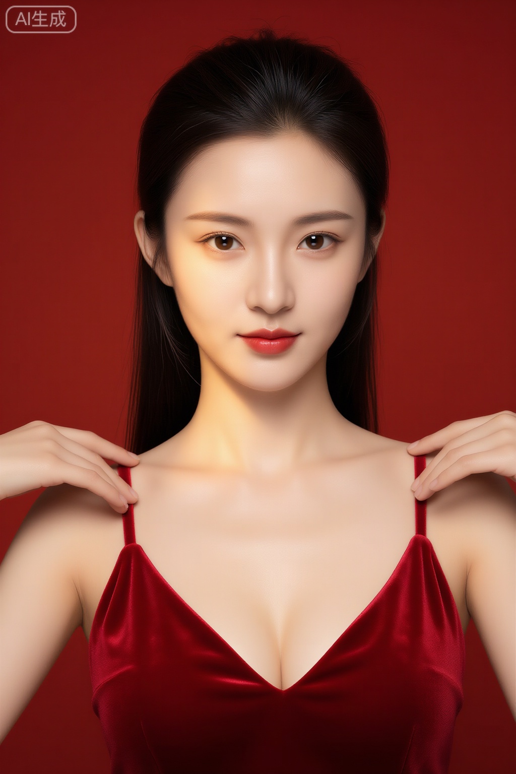 23 岁中国美女半身特写,正面视角,身穿红色丝绒吊带裙（肩带纤细,面料有光泽）,长发披散至肩后,背景为正红色,唇妆与裙子同色,双手轻搭肩头,眼神带笑意直视镜头,侧光打造面部明暗对比,突出丝绒面料的华贵质感