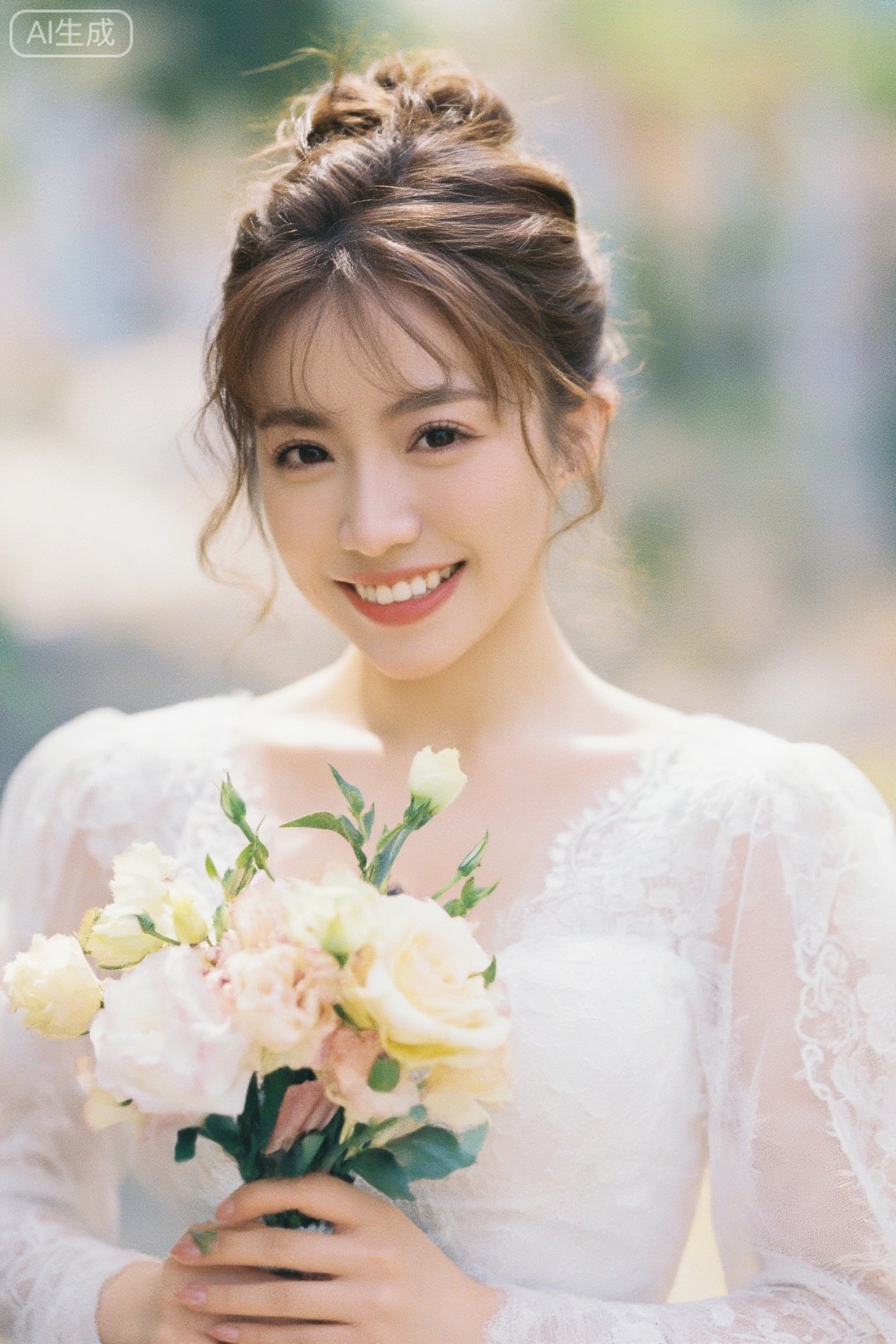 胶片滤镜,专注于美女的颜值,夏日氛围感, 穿着白色蕾丝婚纱的女人,清爽盘发,捧着鲜花,甜美微笑,pose