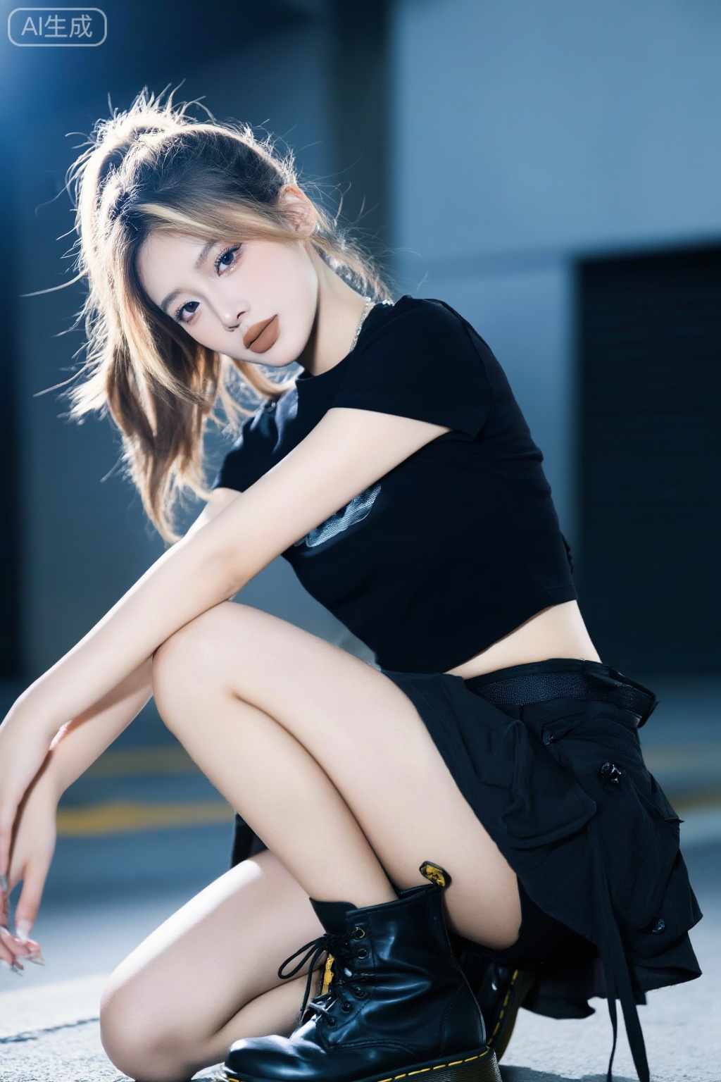 20 岁甜酷少女,高马尾浅棕挑染,清透淡妆,哑光裸棕唇釉,黑色短款修身上衣,工装半身裙+ 马丁靴,街头简约潮酷背景,冷调高级质感,逆光氛围感,韩系街头少女风,甜酷并存,元气又飒,高清人像,五官精致,潮流少女氛围感写真,pose