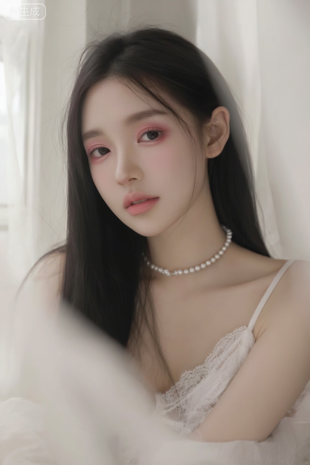 20 岁纯欲清冷少女,柔顺黑长直碎发,雾面哑光清透底妆,淡粉无辜卧蚕,裸粉温柔唇色,白色蕾丝吊带+ 珍珠锁骨链,窗边柔光白纱背景,低饱和莫兰迪色调,韩系温柔氛围感,柔光磨皮质感,五官精致立体,眼神温柔无辜,居家慵懒少女感,高清质感,氛围感人像,pose