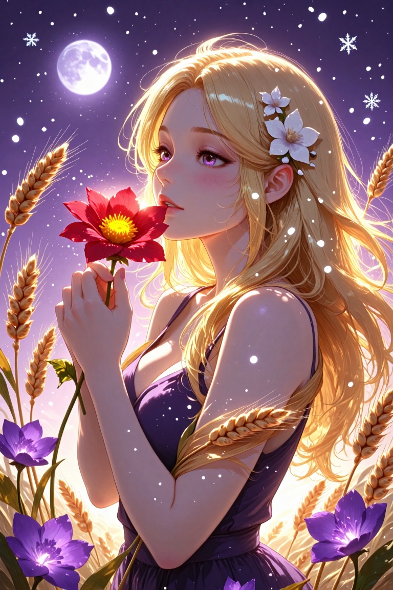 The image shows a girl embodying fabulous beauty and peace. She has long blonde hair that gently flutters in the wind and...
