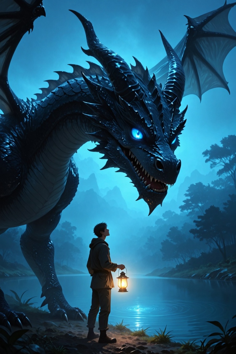 The image shows a scene with a dragon and a man. The dragon is dark in color with bright blue eyes,  located above the man...