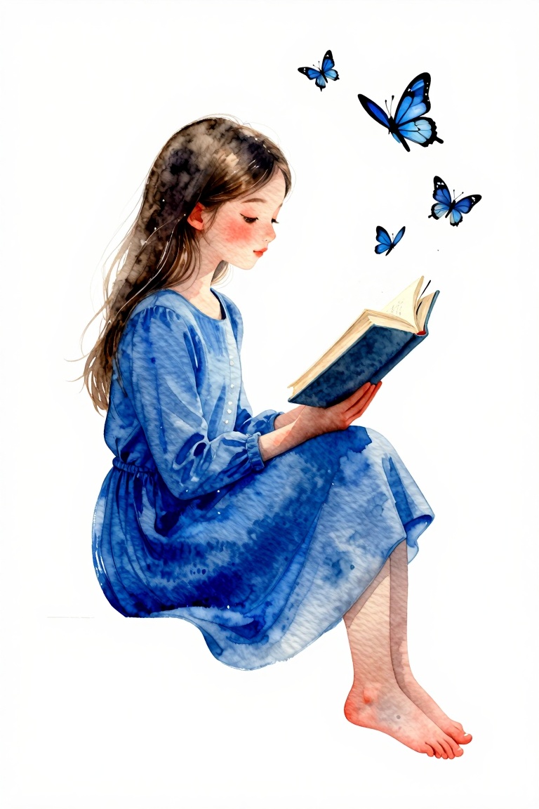 Create a masterpiece featuring a solo girl,  sitting in a profile view,  dressed in a long-sleeved blue dress on Tensor.Art