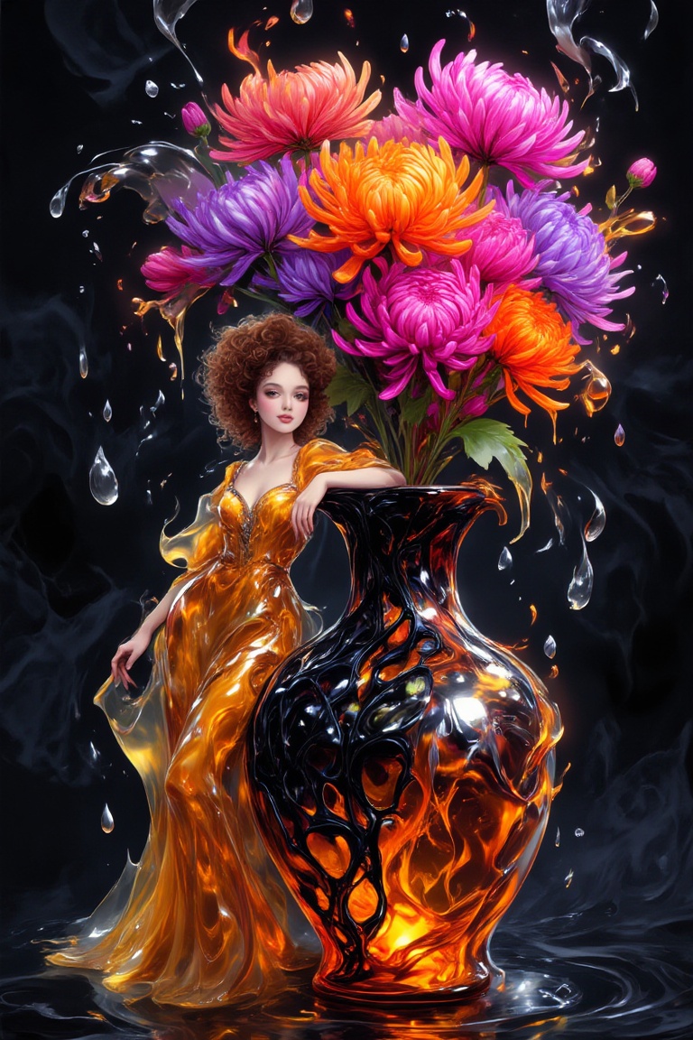 A surreal fantasy portrait. A woman with voluminous curly brown hair is dressed in a spectacular dress resembling flowing...
