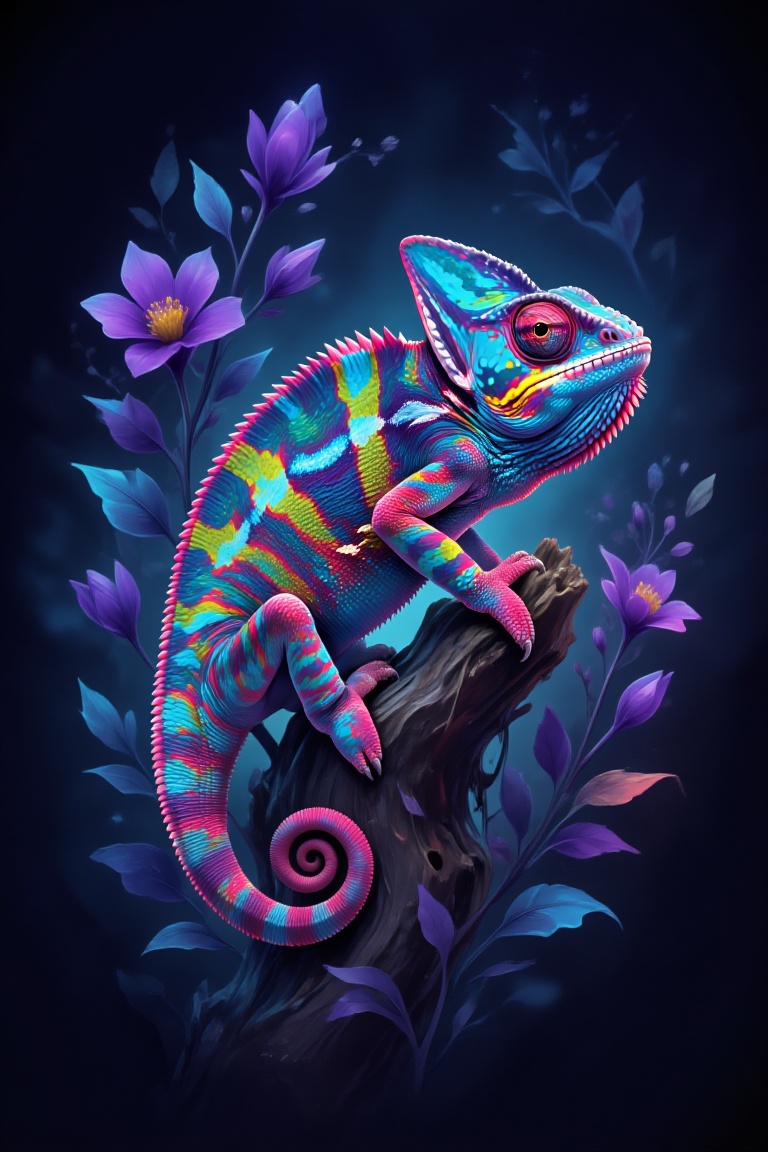 A bright psychedelic chameleon sitting on a wooden stump. Detailed grainy scales in neon purple,  blue and pink colors. Ye...