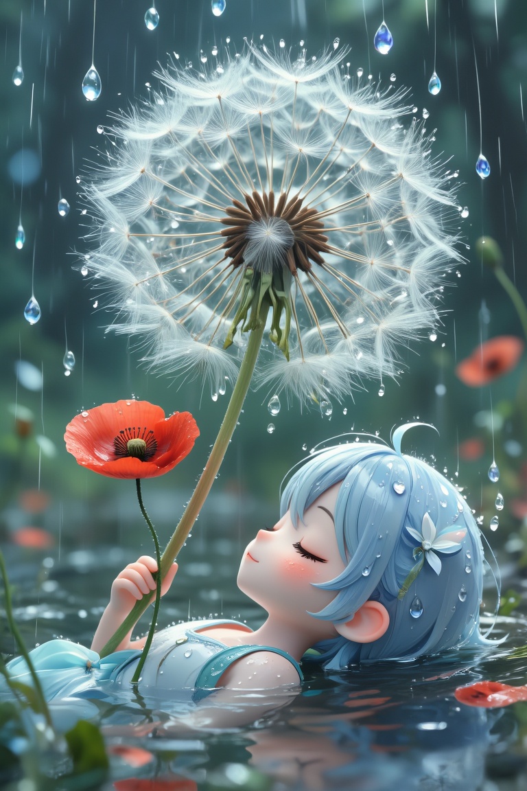 Charming 3D rendering of an anime dandelion. A huge spherical fluffy hairstyle resembling the seed head of a flower. He li...