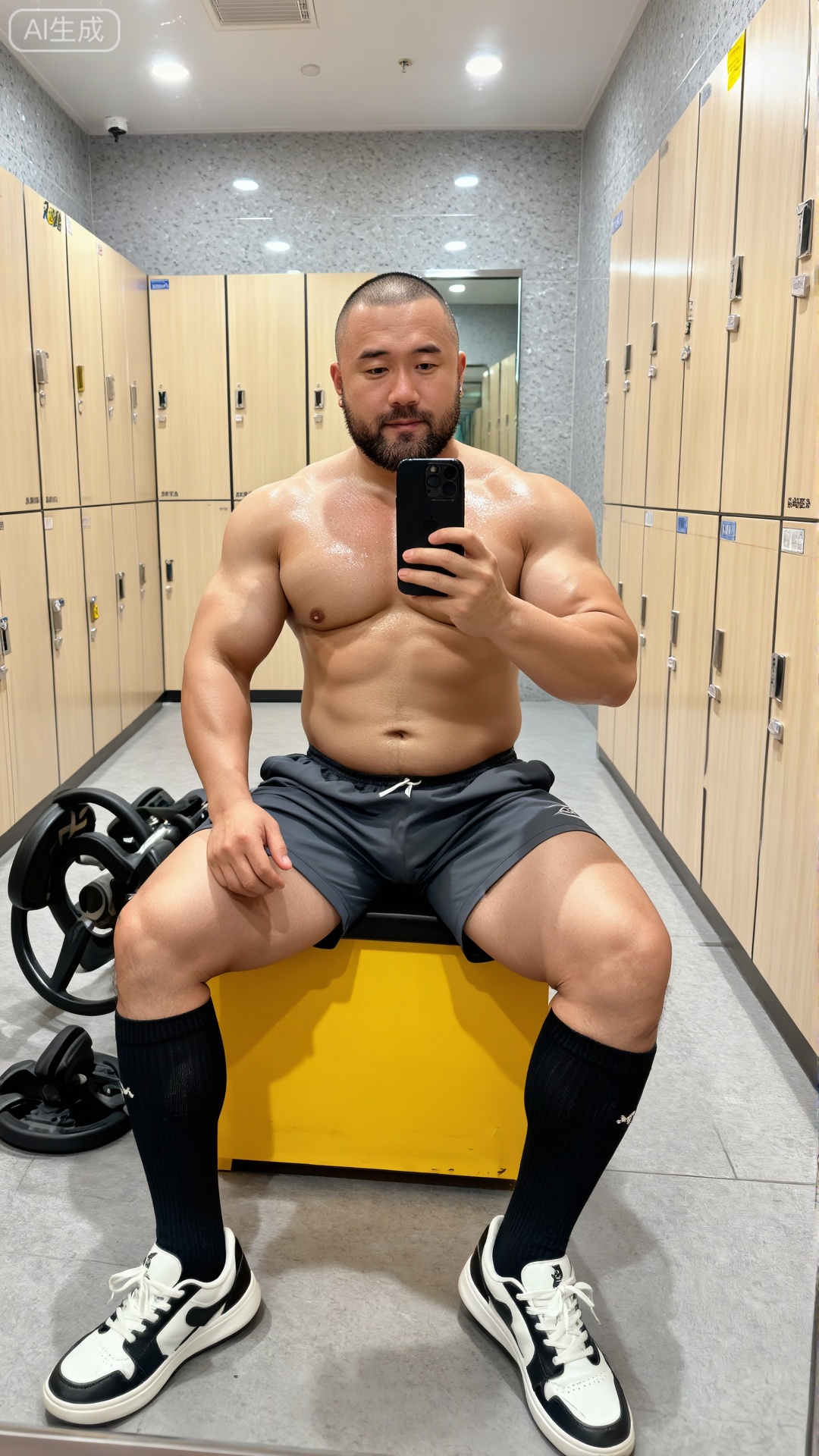 DY,4K画质,杰作,最好的质量,惊人的质量,高分辨率,最新,高清,最好的品质,非常详细,CG,8k,原始摄影,顶级品质,画面质感高清细腻,
一位留着寸头、带有胡须的脂包肌身材的男性,赤裸上身,肌肉线条清晰（胸肌、腹肌、手臂肱二头肌饱满紧实）,穿着深灰色运动短裤,搭配黑色长筒袜与白黑配色的休闲运动鞋。他坐在健身房更衣室的浅木色储物柜前的长椅上,右手举着黑色手机遮挡面部自拍,左手自然搭在腿上。背景是浅灰色地面、带纹理的墙面与嵌入式镜子,室内灯光明亮柔和,整体画面为4K高清画质,细节锐利,色调干净简洁,呈现出运动后放松的状态。
