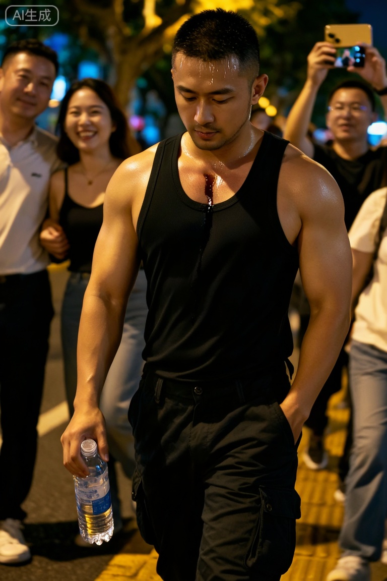 DY,暮色浸漫的上海市中心,霓虹初上时,他独自走在南京西路的人流里。黑色紧身工字背心裹着肌理分明的上身,肩线如刀削般利落,胸肌轮廓随步伐轻晃,在沿街橱窗冷光里投下起伏的阴影,汗水顺着锁骨凹痕滑进领口,洇出一小片深色。
他微微低着头,下颌线绷得很紧,额头的汗水。左手插在工装裤袋里,右手捏着半瓶没开封的矿泉水,指节泛白。身边是涌流的人潮,情侣挽着手笑闹,游客举着手机拍照,玻璃幕墙映出他孑然的身影——像被这座流光溢彩的城市不小心遗落的墨点,热闹是旁人的,他只有影子作伴,一步步踩过满地碎金似的灯影,走向更深的夜色里,脂包肌身材,