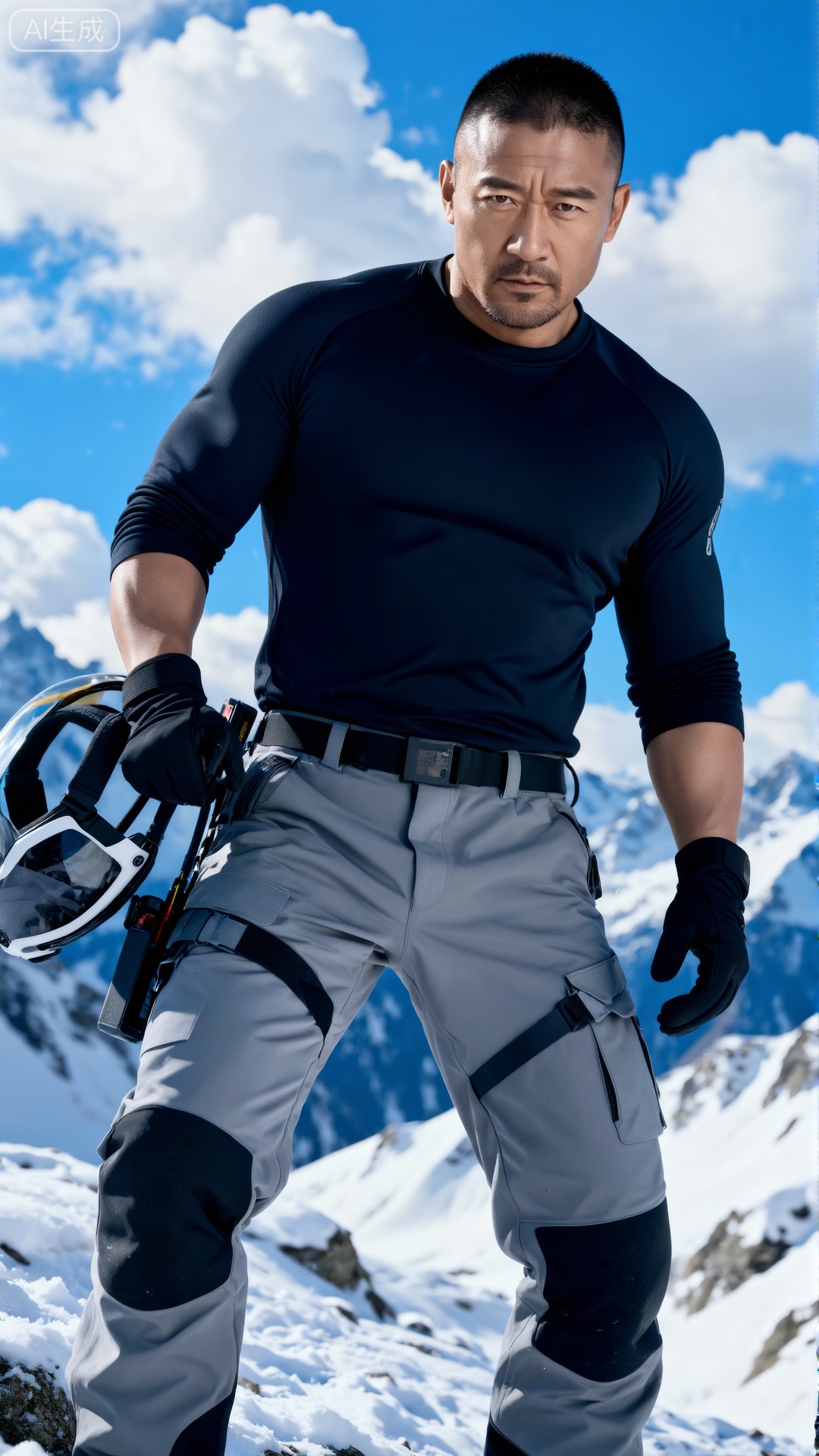 DY,极致细节,4K壁纸,最高质量,杰作,极致清晰,
一位面容刚毅、发型短发、眼神坚定的中年男子。他身着深色功能性上衣,搭配浅灰色工装裤（裤腿处带有护膝与绑带设计）,并佩戴黑色手套,手持装备。他矗立于雪山场景中,背景是云雾缭绕的蓝天。