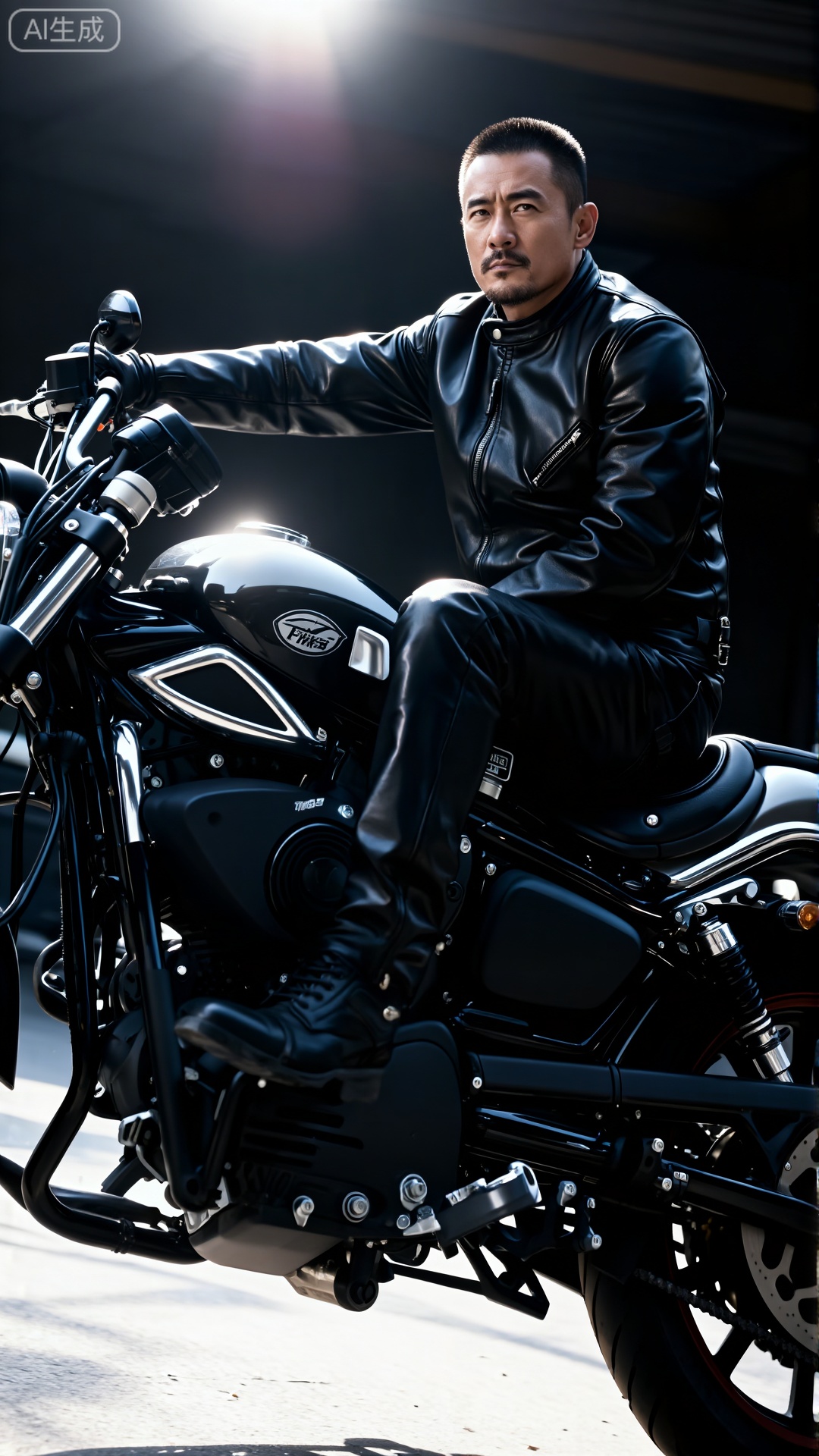 极致细节,4K壁纸,最高质量,杰作,极致清晰,DY,在中国,
中国男性, 面容冷峻,穿着皮质机车服,跨坐在重型机车上的男士。风格为酷炫机车风,光线用强烈的逆光,勾勒出硬朗的轮廓,渲染出冷峻不羁的气场。色彩以黑、银为主,凸显金属质感。构图采用对角线构图,将人物与机车沿对角线分布,增强画面张力。从侧前方低角度仰拍,突出机车与人的高大。相机参数设为大光圈,高速快门定格瞬间,生成高分辨率、质感爆棚的图片,尽显男性的阳刚与霸气。