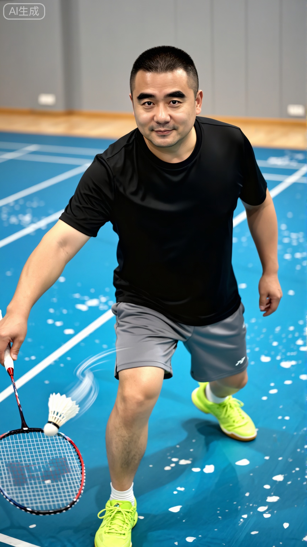 中国男人,极致细节,4K壁纸,最高质量,杰作,极致清晰,
一位留着整齐短发的男性,面部轮廓圆润,额头饱满光滑,浓密整齐的眉毛散发着稳定的气息。他的眼睛明亮而敏锐,目光平静而沉着,嘴角微微上扬,散发出友好而平易近人的气质。他体格健壮,沉稳自信,充分体现了一种脚踏实地、可靠的气质。他在室内羽毛球场,握着羽毛球拍,姿态醒目——一只白色羽毛球在他身边盘旋,身后拖着一条动态的轨迹。他穿着黑色短袖运动上衣,灰色运动短裤,亮霓虹绿色运动鞋。背景由一个带有白色斑纹的蓝色庭院和浅灰色墙壁组成；明亮的室内灯光均匀分布,突出了他轻松的运动姿势,同时使他的表情细节和球场的清晰质感更加生动。