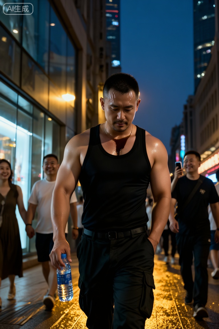 中国男人,暮色浸漫的上海市中心,霓虹初上时,他独自走在南京西路的人流里。黑色紧身工字背心裹着肌理分明的上身,肩线如刀削般利落,胸肌轮廓随步伐轻晃,在沿街橱窗冷光里投下起伏的阴影,汗水顺着锁骨凹痕滑进领口,洇出一小片深色。
他微微低着头,下颌线绷得很紧,额头的汗水。左手插在工装裤袋里,右手捏着半瓶没开封的矿泉水,指节泛白。身边是涌流的人潮,情侣挽着手笑闹,游客举着手机拍照,玻璃幕墙映出他孑然的身影——像被这座流光溢彩的城市不小心遗落的墨点,热闹是旁人的,他只有影子作伴,一步步踩过满地碎金似的灯影,走向更深的夜色里,脂包肌身材,