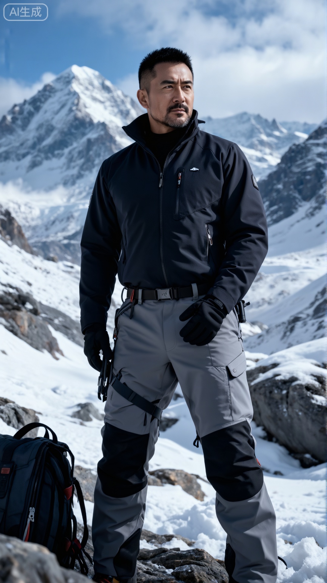 中国男人,极致细节,4K壁纸,最高质量,杰作,极致清晰,
一位面容刚毅、发型短发、眼神坚定的中年男子。他身着深色功能性上衣,搭配浅灰色工装裤（裤腿处带有护膝与绑带设计）,并佩戴黑色手套,手持装备。他矗立于雪山场景中,背景是云雾缭绕的蓝天。