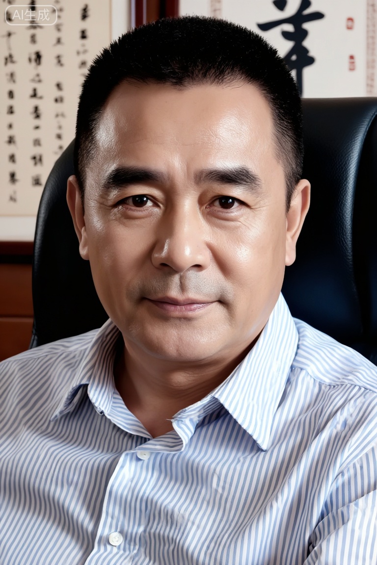 极致细节,4K壁纸,最高质量,杰作,极致清晰,DY,在中国,
中国男性, 
40岁左右的中年男性黄伟,气质沉稳内敛,留着短黑发,身着蓝白条纹衬衫,坐在黑色皮质座椅上,背景有带有书法字体的卷轴,整体环境透着文雅气息,光线明亮自然。