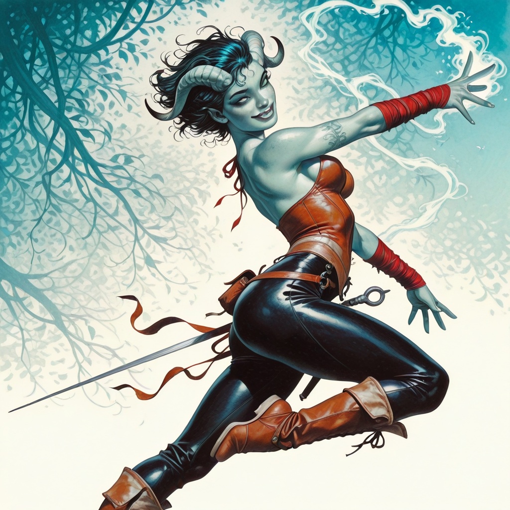 In a semi-realistic style reminiscent of a high-quality cartoon,  we see a captivating tiefling woman with a shy demeanor,...