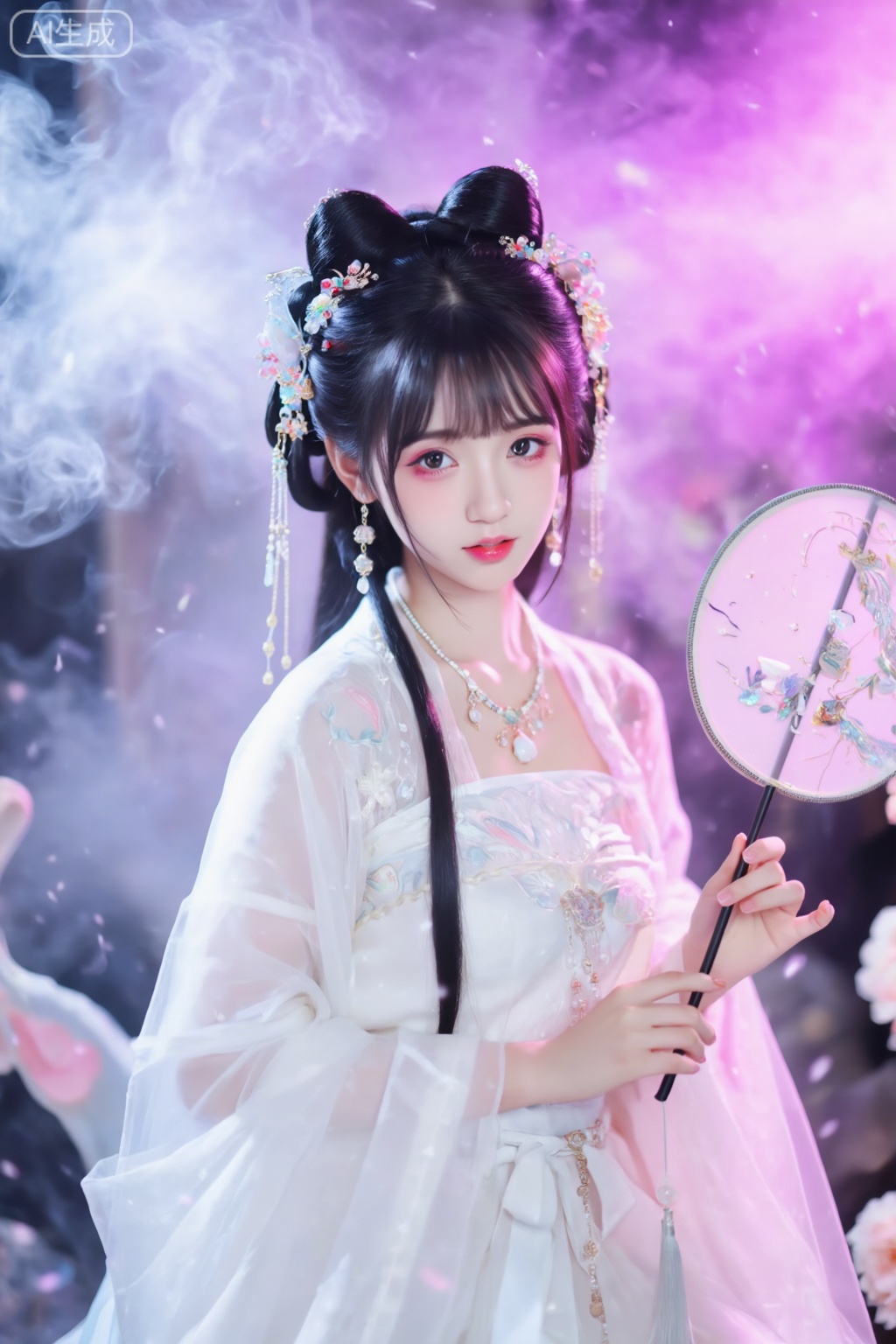 胶片摄影,镜头语言,淡彩,暗调,氛围低光,个性视角,奇妙融合意境,一位美人,真人,有着倾国倾城之貌、皮肤白皙嫩滑,  仿Bjd风格,头上戴着繁华的饰品,清冷感,有洛丽塔支离破碎感, 透光感,玻璃感,洛丽塔御姐范,梦幻色系,精美繁复服饰配饰,神秘,梦核,高级。高级,烟雾朦胧美,明亮,高颜值,高对比度,虚焦,既视感,情绪氛围感拉满,暗朦,光朦,粒子高噪点,胶片颗粒质感,层次丰富,写意,朦胧美学,光的美学,lomo效果,超现实,高级感,杰作半身照、高级质感网红照,高颜值清纯可爱无辜长相、绝美双眼,精致五官、发质滑顺有光泽、瓷白皮肤。- 背景细节：萌系古风少女感背景。- 人物细节：精致女性,冷白皮,黑色碎发、双包头,精致古风唯美发型,水汪汪大眼睛,灵动、慵懒、呆萌、纯欲、俏皮、可爱、傲娇、甜美,仿佛会说话的眼睛,符合古风的精致妆容、浅浅的眼影；姣好身材、穿着唯美可爱白色古风汉服少女服装,整体呈现萌系古风贵族少女感,拿着漂亮的团扇、自然动态姿势、浮夸精致的发饰、项链及耳环,令人惊艳的构图、粉色氛围感,造像美人