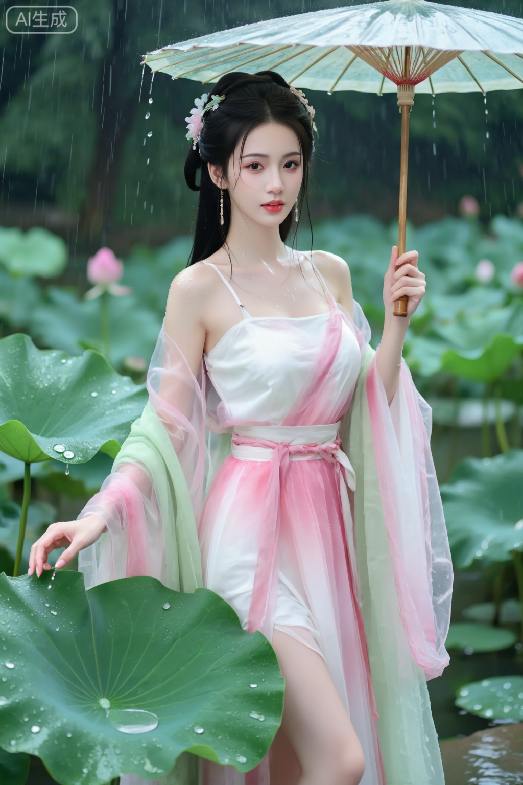 

真实照片质感,去AI 感,8K 超高清精致壁纸风。性感中式女侠穿粉白渐变纱质侠衣,外搭浅绿披帛,完美身材高挑柔美。立于荷塘边,一手执油纸伞,一手轻触荷叶,雨滴落在伞面和荷叶上,看着镜头眉眼温柔。皮肤雪白水润光滑,年轻有弹性。镜头参数：焦距60mm,光圈f/2.2,快门1/400s,ISO 100,柔光打亮,荷叶纹理、雨滴形态、纱衣通透感细节清晰,壁纸风精致感拉满。,造像美人