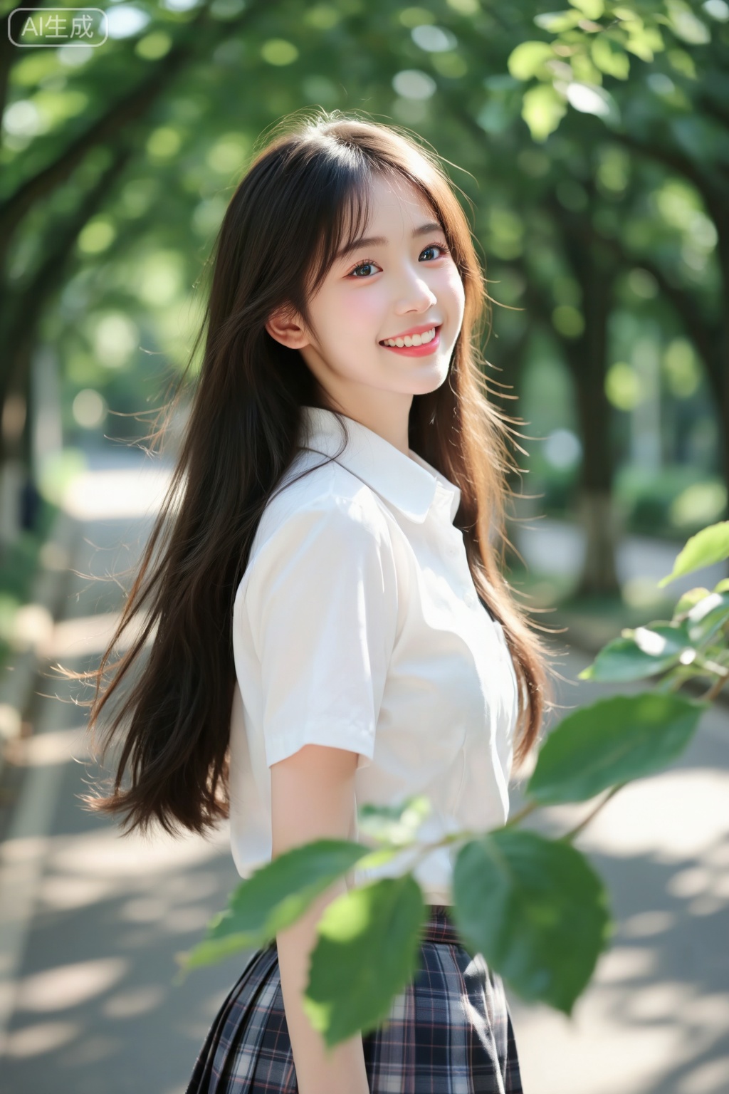  真人摄影,一位清纯的初恋学妹女友,在清晨的林荫道上回眸微笑,阳光透过树叶形成斑驳的光影,洒在她柔顺的长发和白皙的脸庞上,她穿着干净的白色衬衫和格纹短裙,眼神清澈充满活力,背景是模糊的绿色植物,突出人物主体,精致的壁纸风格,absurdres,细节锐利,皮肤纹理细腻,发丝分明, 镜头参数： Canon EOS R5,RF 85mm f/1.2L,光圈f/1.8,快门1/500s,ISO 100,造像美人