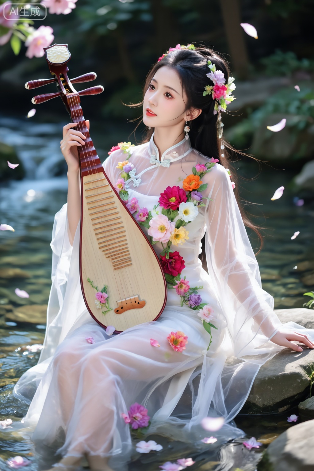 画面中的女性身姿曼妙,身体装饰着娇艳花朵,风格清新甜美,植物衣服,光线为侧光,她穿着白纱透明旗袍,勾勒出人物与花朵的轮廓,增添立体感,她抱着琵琶弹奏乐器,歪坐在清澈的小溪旁,渲染精致,让每一片花瓣和发丝都栩栩如生,视角为斜侧45 度,摄影参数：快门速度1/125 秒,保证画面稳定,焦距适中突出主体,造像美人
