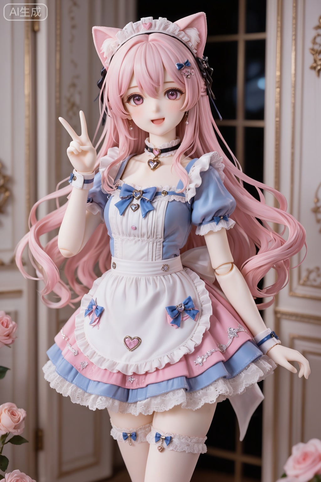 这是一副BJD风格图,该图像描绘了一个细致的动漫风格人物雕像,有着长长的、飘逸的粉红色头发。该角色装饰着猫耳朵和配饰,包括带有心形吊饰的项圈和带有粉色和蓝色点缀的白色女仆装。这套服装的特点是分层裙子、蕾丝细节和蝴蝶结,给人一种异想天开和可爱的外观。角色用一只手做出和平手势,表情愉快。背景是一个光线柔和、细节华丽的房间,可能是一个有大窗户或门的房间,给场景增添了一种优雅的感觉。