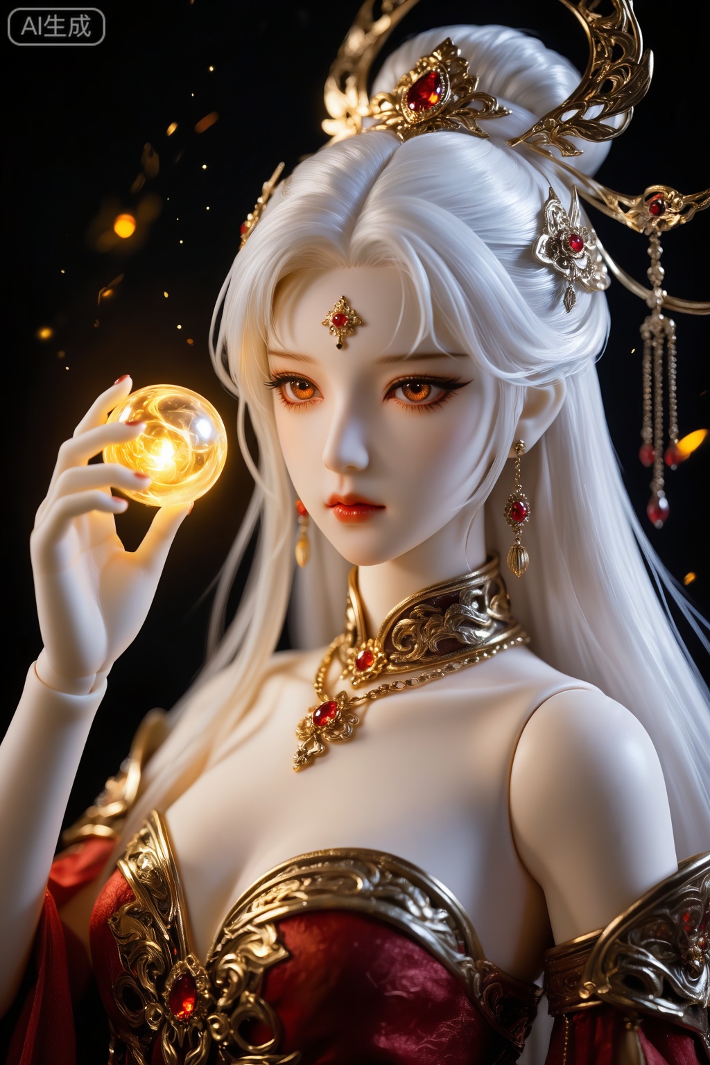 这是一副BJD风格图,该图像描绘了一个高度细致且风格化的角色,长而飘逸的白发装饰着金色和红色的珠宝。该角色身穿带有红色点缀的精致金色盔甲,以及带有中央宝石的配套头饰。角色的眼睛很大,表情丰富,有橙色的虹膜和深色的眼线。他们右手拿着一个发光的球体,散发出温暖的金色光芒。背景是黑暗的,带有微妙的发光粒子,为场景增添了神奇的氛围。