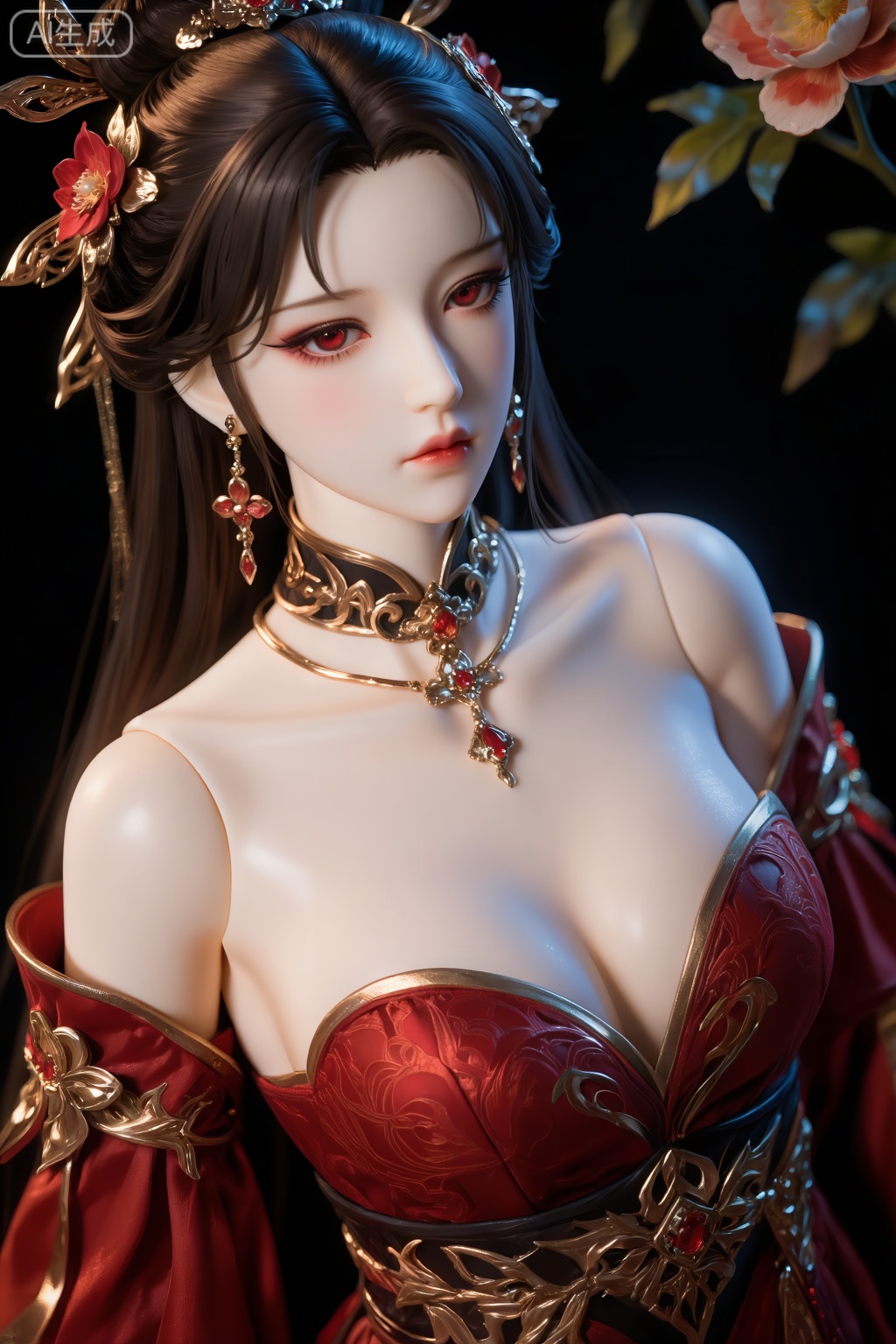 这是一副BJD风格图,这是动漫风格的高度详细的数字艺术作品。它的特点是一个美丽的女人,皮肤苍白,五官精致,像洋娃娃一样。她有一头深棕色长发,盘成精致的髻,饰有金色配饰和一朵红色花朵。深色眼线和脸颊上淡淡的红晕凸显了她引人注目的红眼睛。她穿着一件精致的红色连衣裙,带有金色的点缀,展示了她丰沛的乳沟和苗条的身材。这件衣服有复杂的图案和深V领口,露出她的肩膀和部分胸部。她还戴着一条金项圈、配套的耳环和一条镶有红色宝石的精致项链。她的表情平静,略带沉思,周围散发着柔和、近乎空灵的光芒。背景为深色,右上角有一朵花,增添了图像整体的优雅和神秘感。