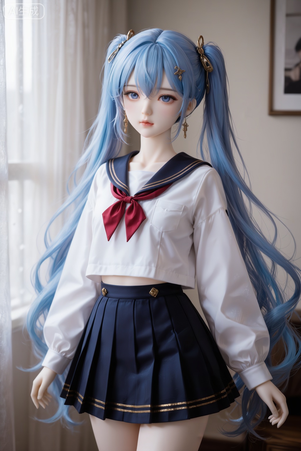 这是一副BJD风格图,该图像描绘了一个高度细致的动漫风格角色,长长的、飘逸的蓝色头发扎成两个马尾辫,每个马尾辫都装饰着金色的配饰。该角色穿着校服,包括一件带有泡泡袖和红色蝴蝶结的白色衬衫,以及一条带有金色装饰的海军蓝百褶裙。背景灯光柔和,有一扇带有透明窗帘的大窗户,墙上挂着一幅镶框的照片。整体气氛平静,重点关注角色复杂的设计和服装。