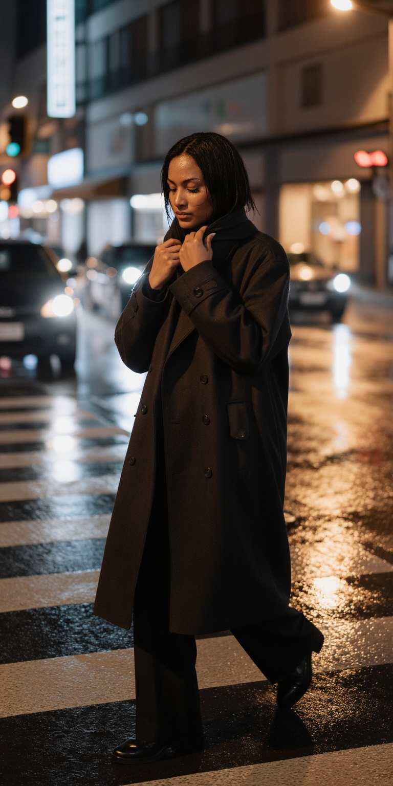 Ultra-realistic candid night street scene captured during light rain. A woman walks alone across a crosswalk,  mid-step,...