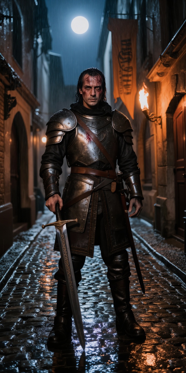 Photorealistic dark fantasy scene of a demon-hunter standing alone in a rain-soaked medieval alley at night. The character...